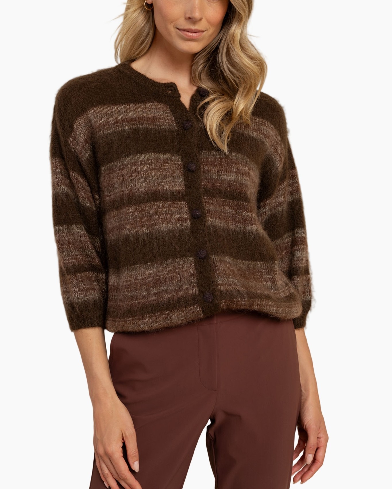 cardigan, gestreept, bruin, gebreid, knopen