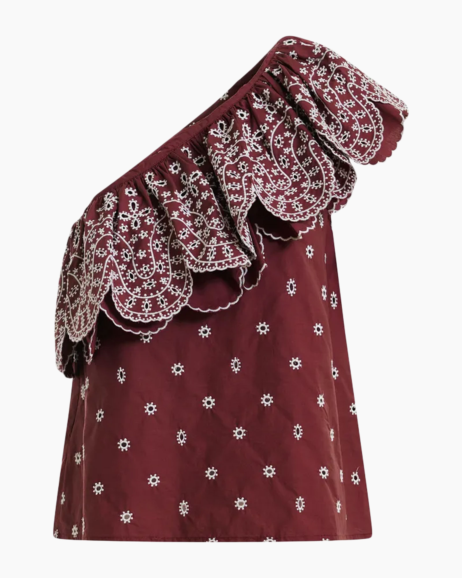 off-shoulder, blouse, maroon, bordado, encaje-borde