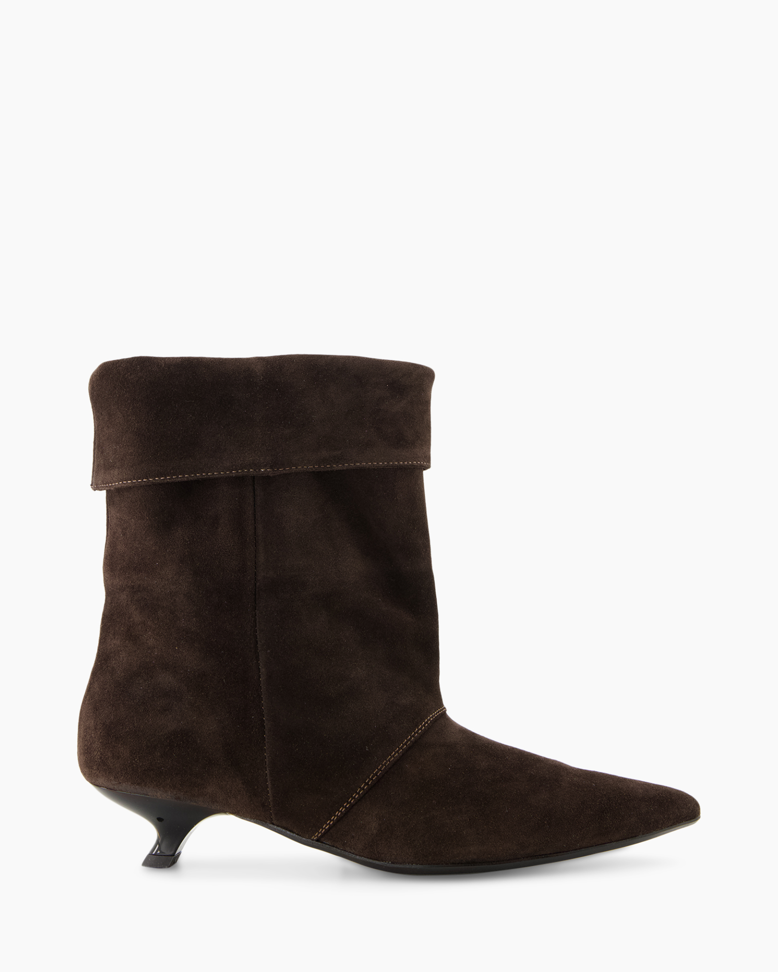 enkle laars, suede, bruin, middelhoog hak, vouw overslag