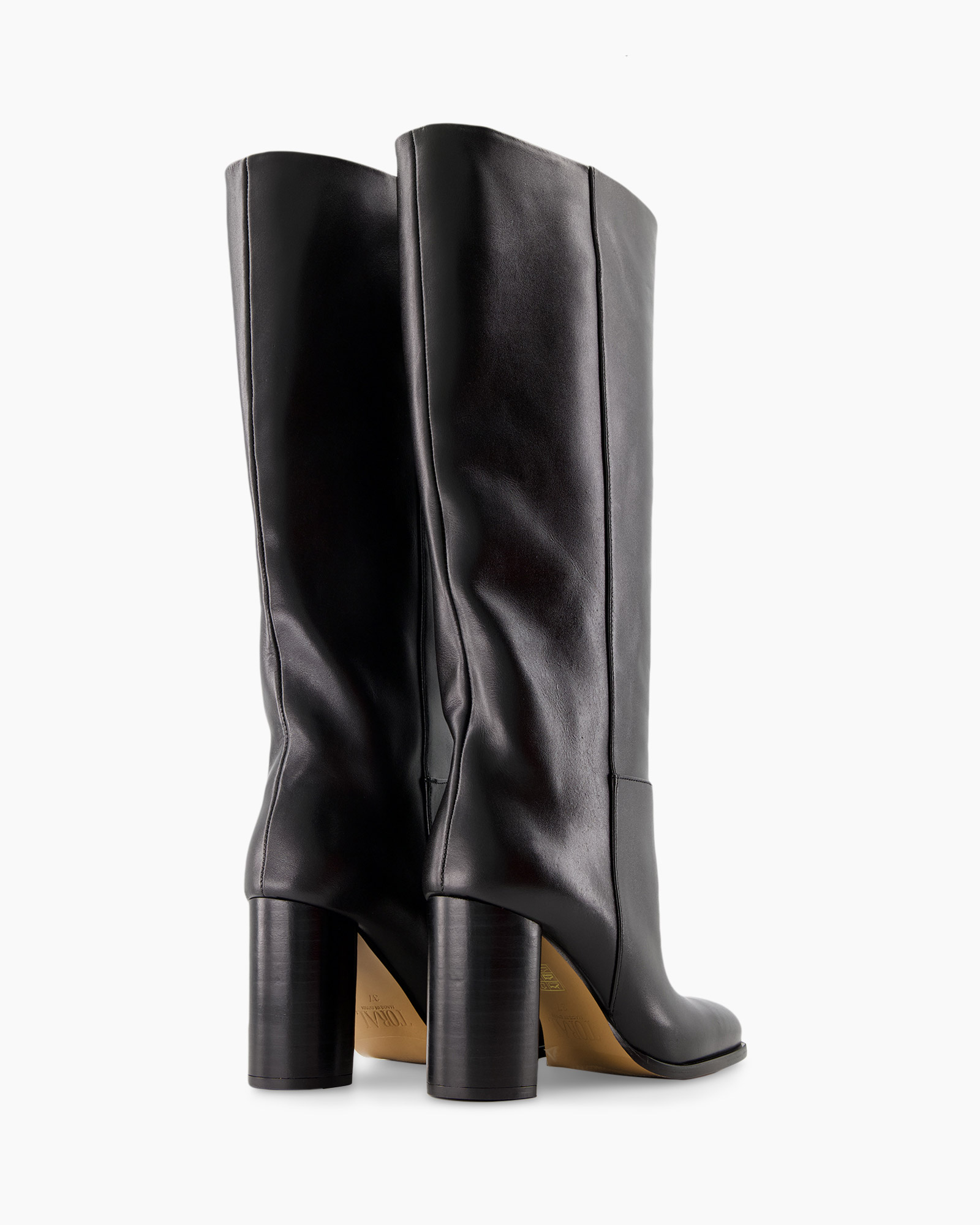 kniehoogte laarzen, zwarte leer, blokhak, midden kuit, slouchy schacht