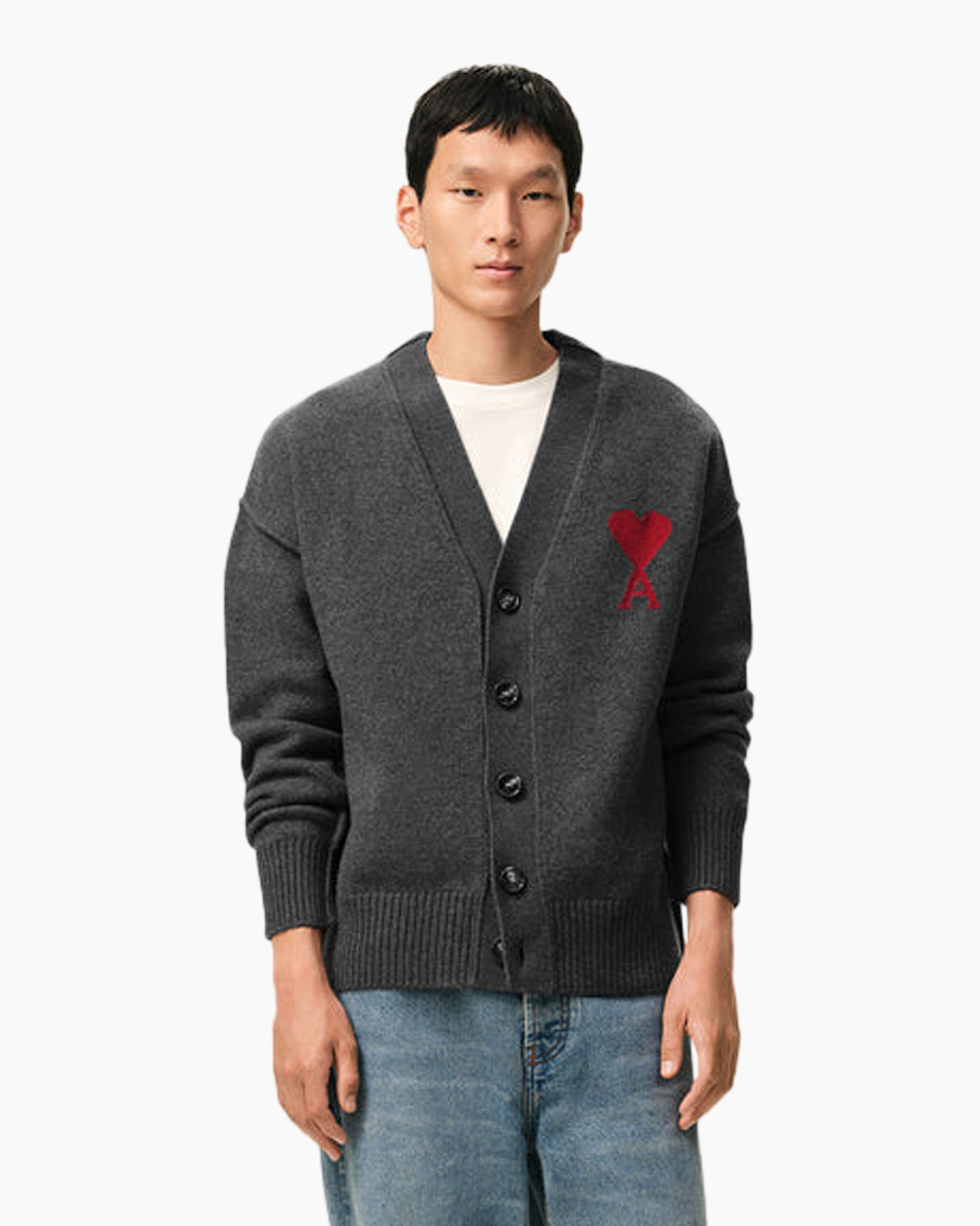 cardigan, donkergrijs, hartpatch, knopen voorzijde, lange mouw cardigan