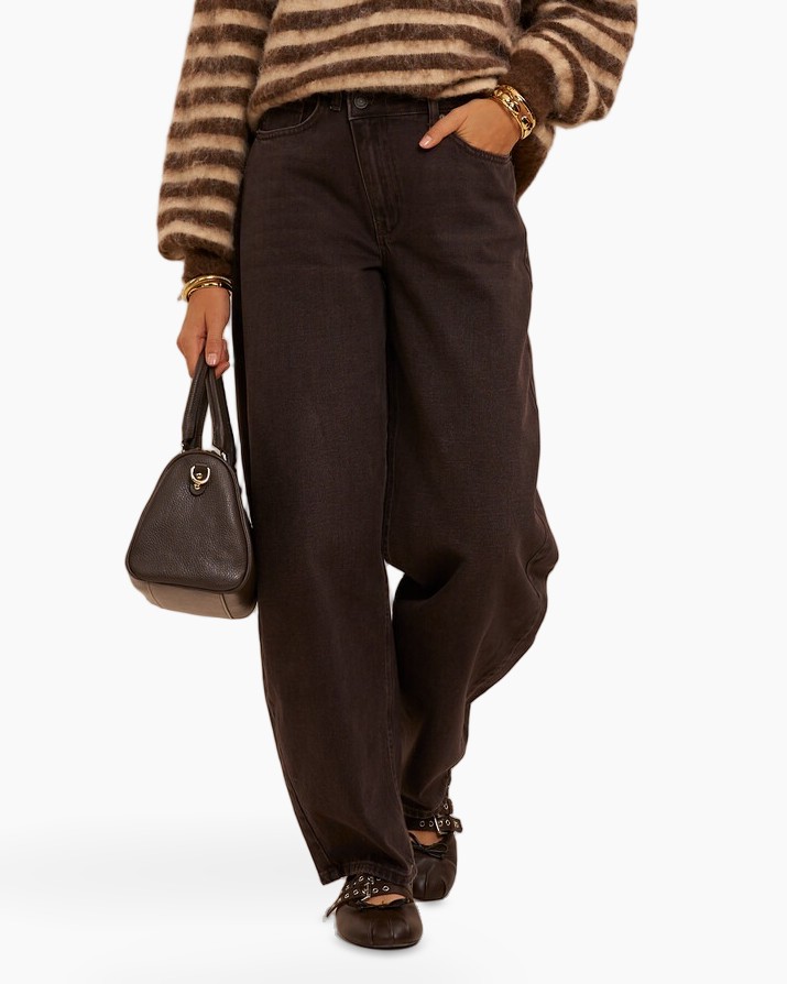 broek, wijd uitlopende broek, bruin, corduroy, lederen tas
