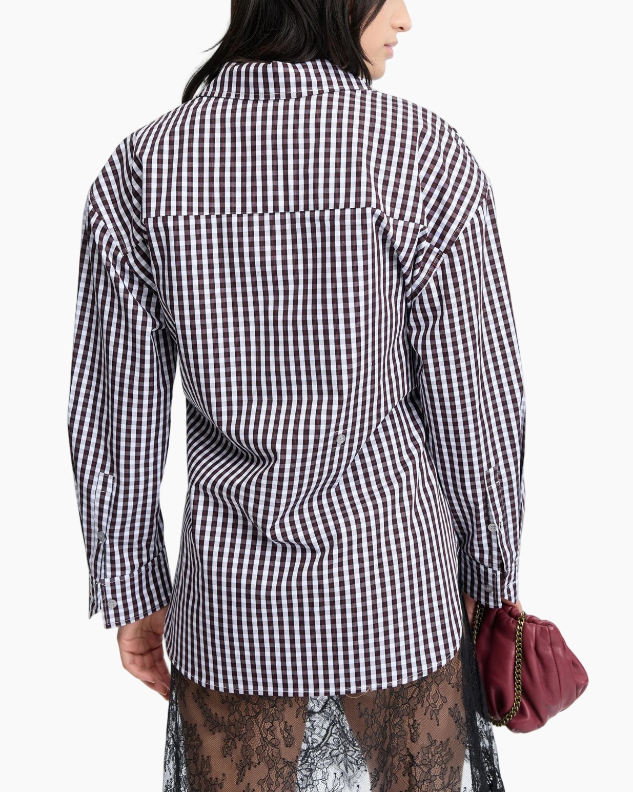 Damesblouse, Lange mouwen, Knoopsluiting, Vichyruit, Bruin en wit