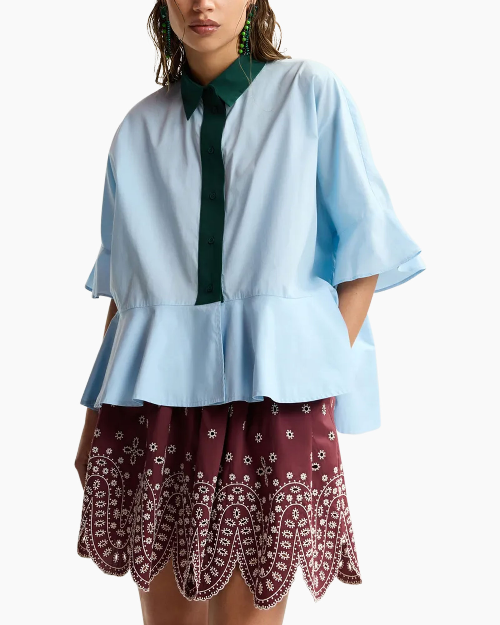 top, blouse, peplum, lichtblauw, groene strook