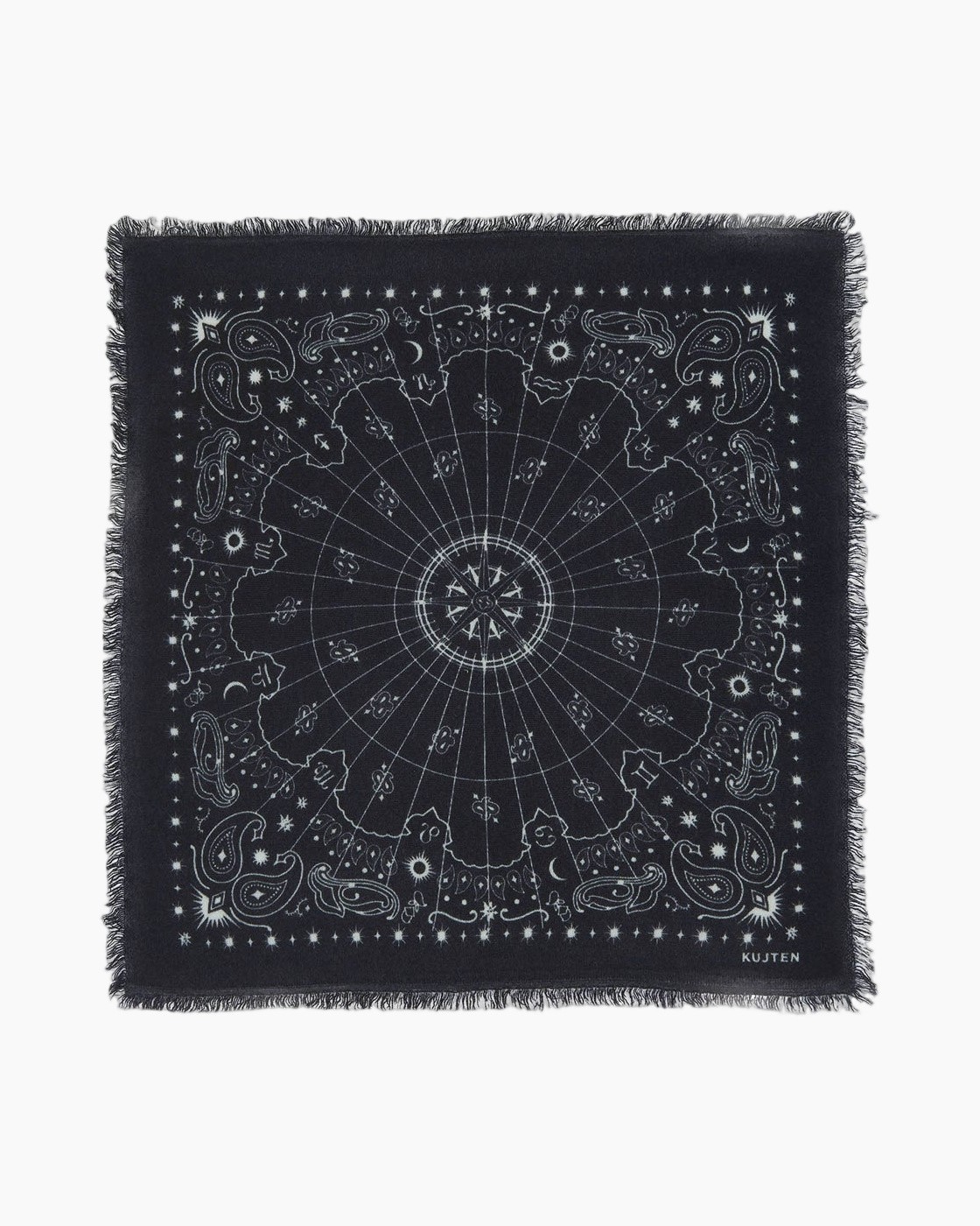 Bandana, Zwart, Paisleypatroon, Kompasprint, Gerafelde randen