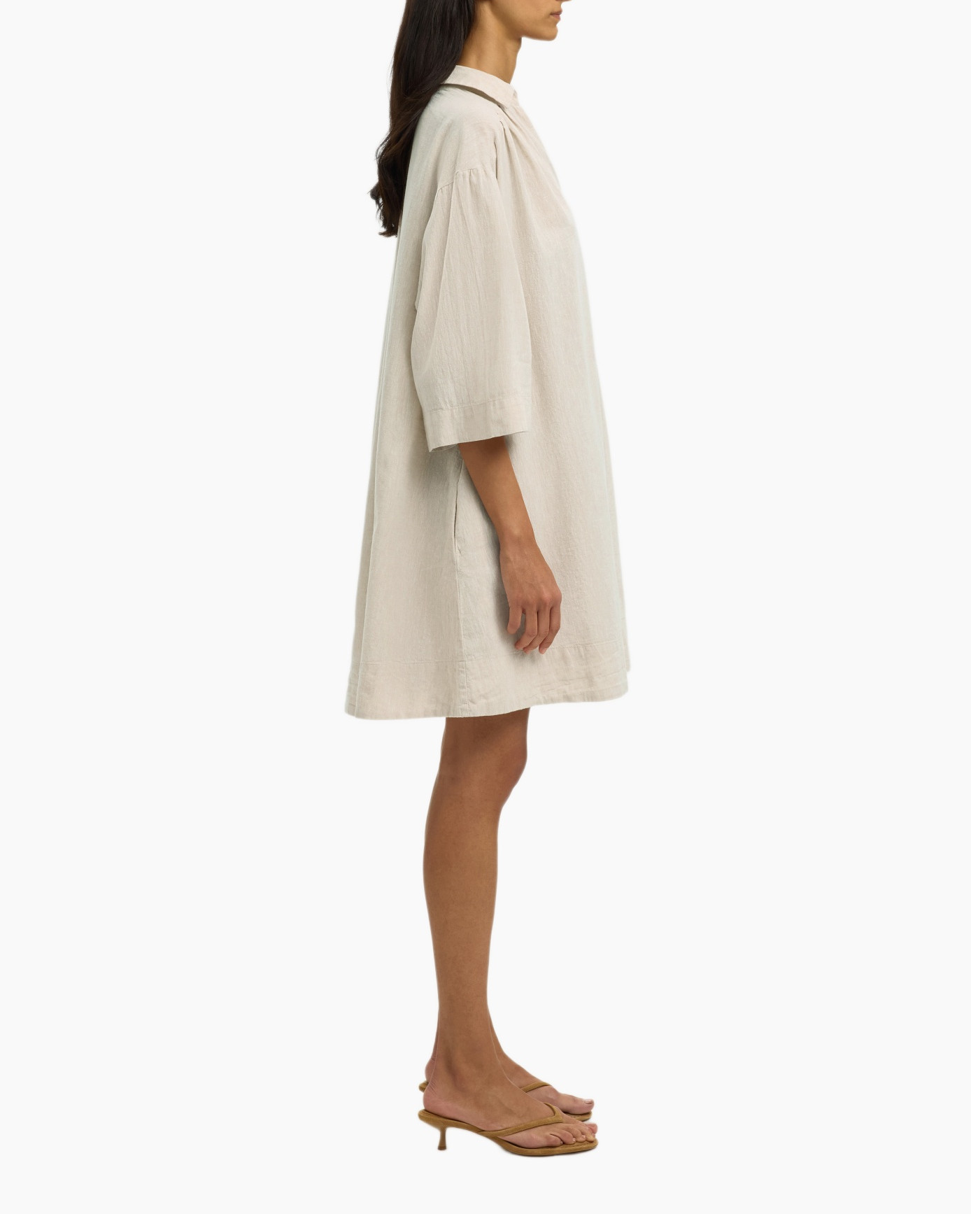 beige, linnen, shiftjurk, knee-length, drie-quarter mouwen