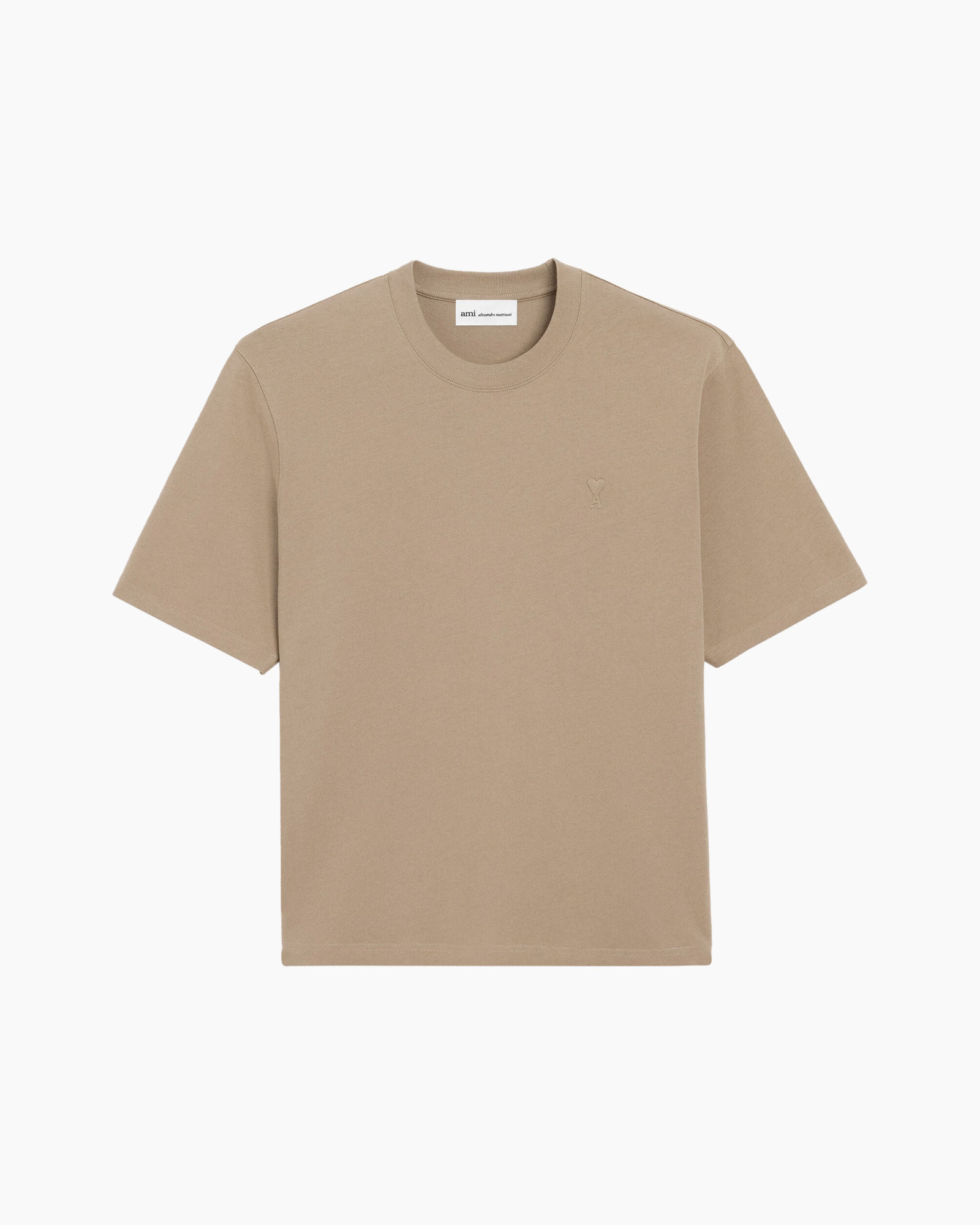 t-shirt, beige, korte mouwen, kraagloze ronde hals, katoen