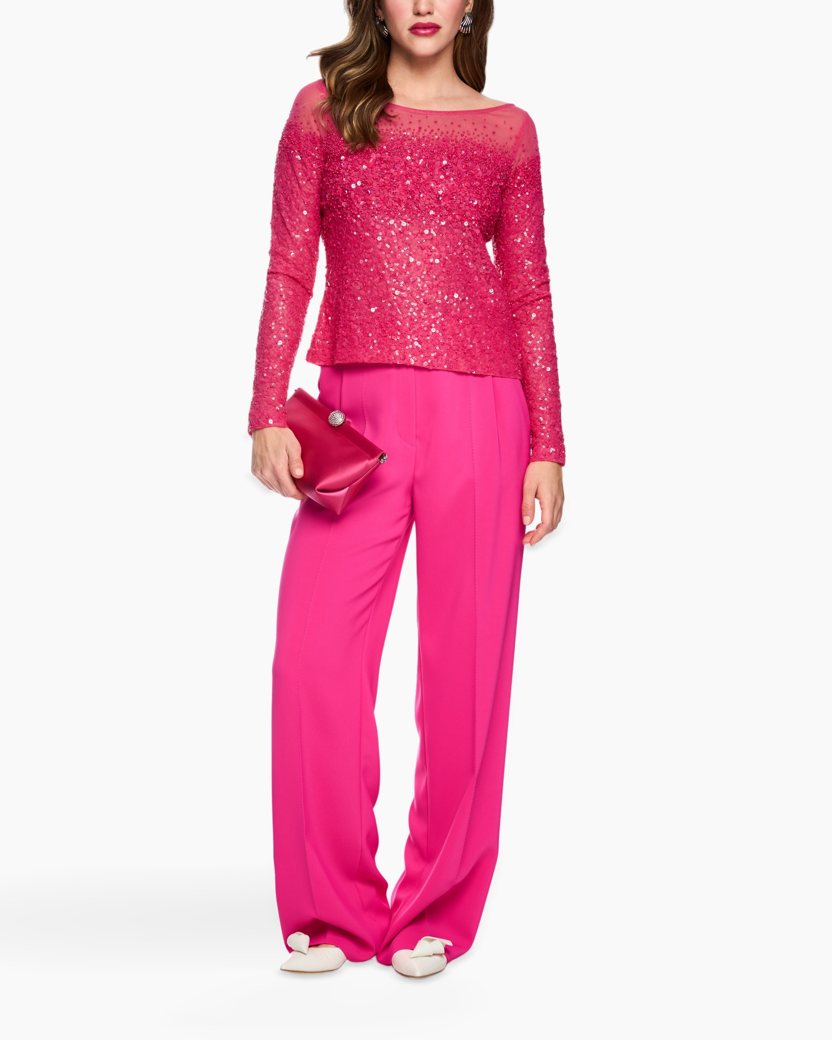 sequined top, pink top, long sleeve, sparkle fabric, pocket clutch not visible