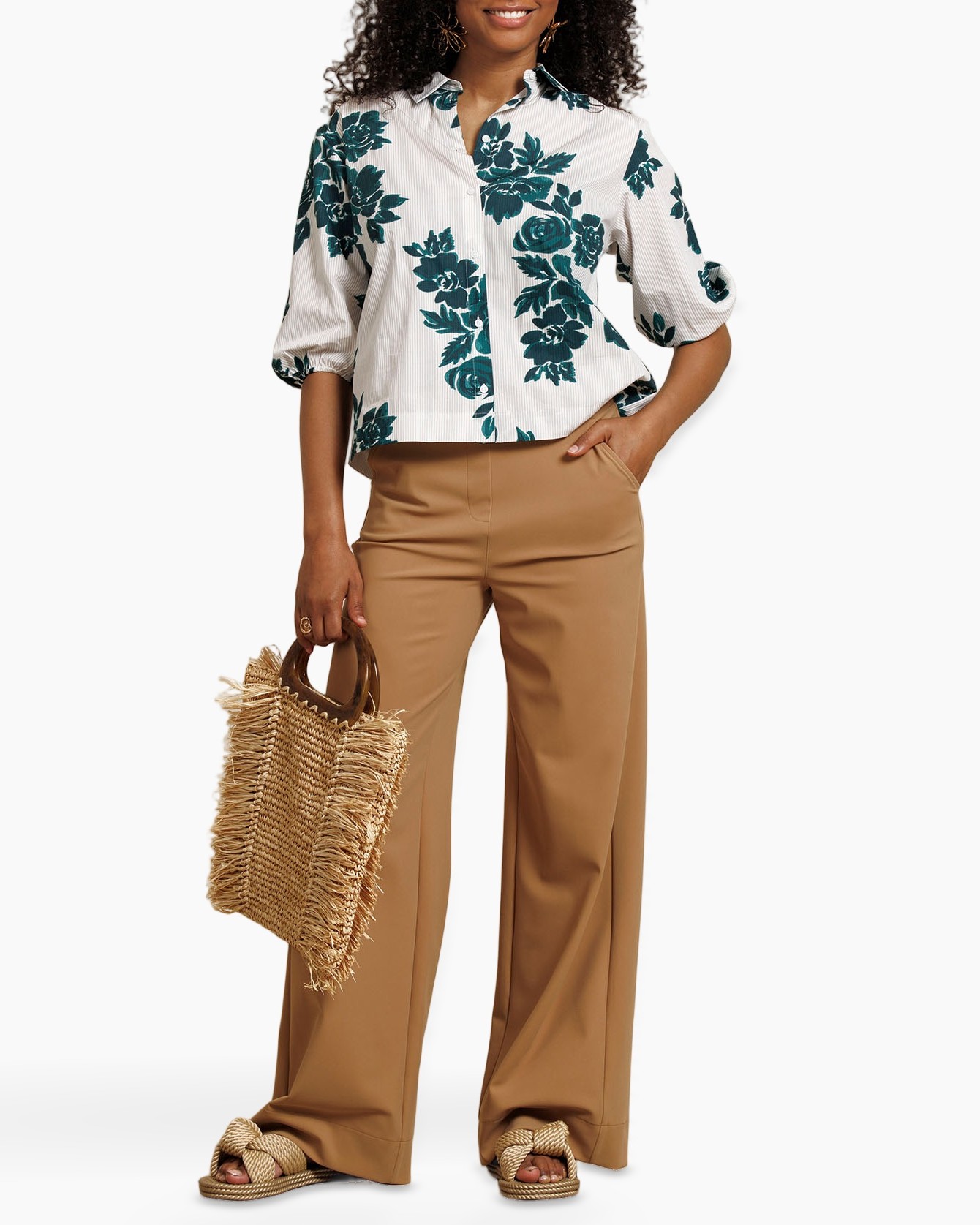 blouse, bloemenprint, korte mouw, streep, casual overhemd