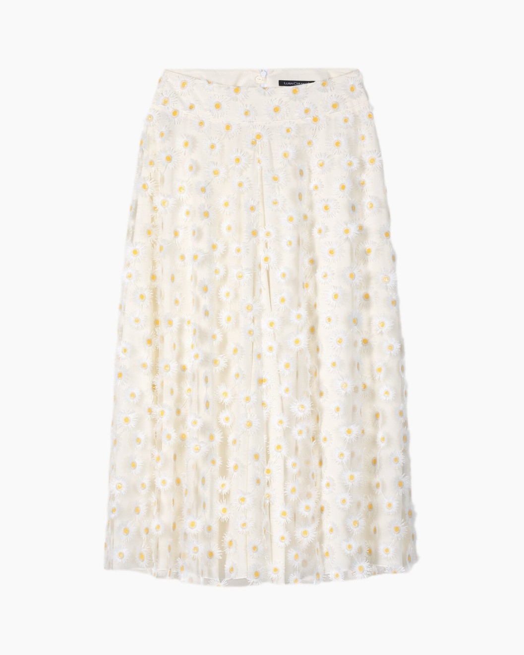 skirt, white, dot pattern, daisy print, mid-length
