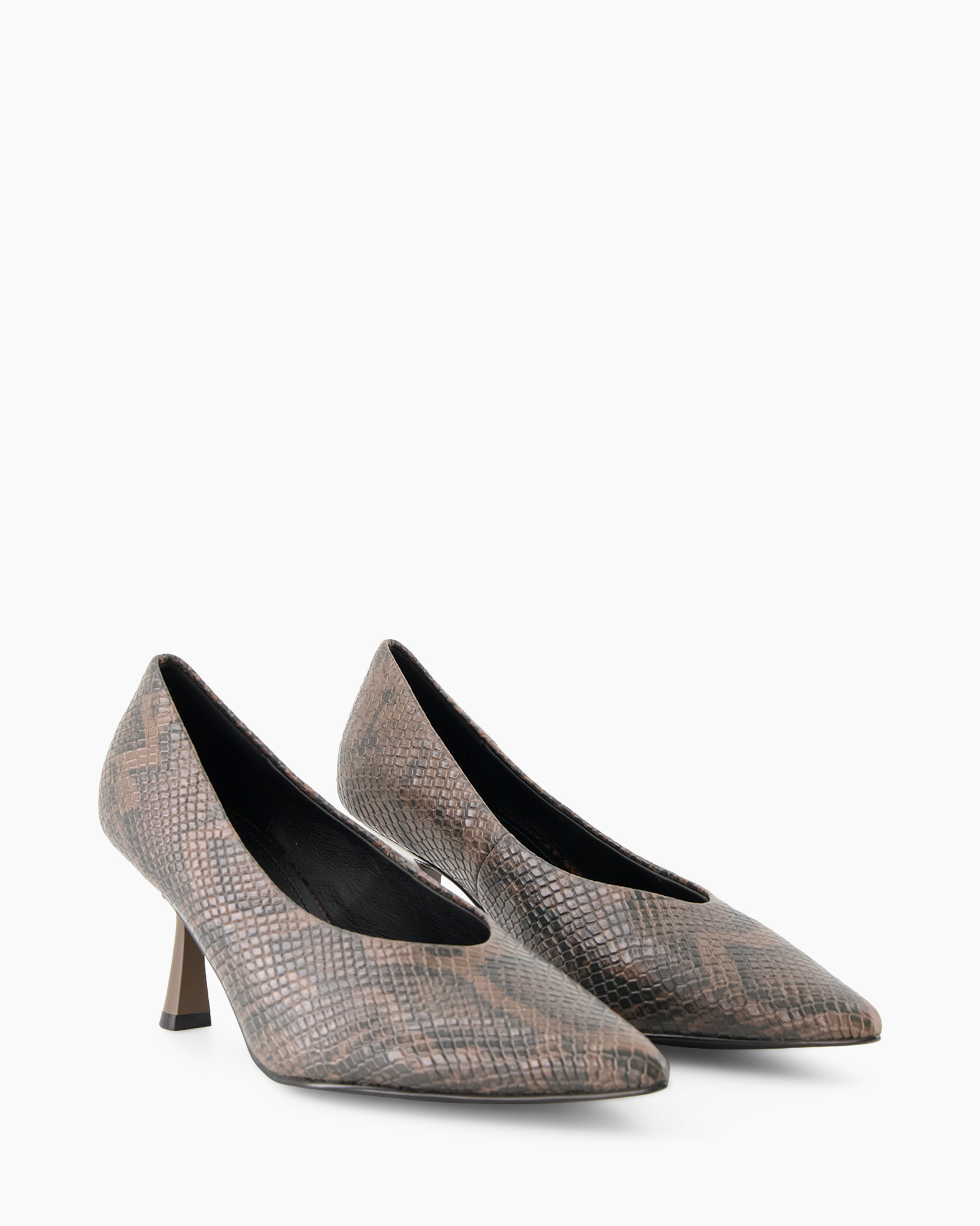 pumps, hiel, slangenhuid, bruin, puntige teen