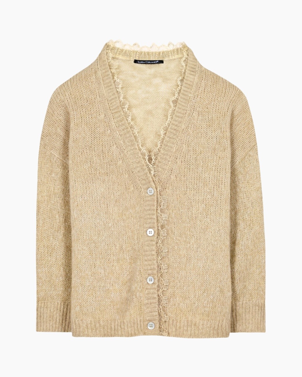 cardigan, beige, breip-knit?, buttons, lace-trim