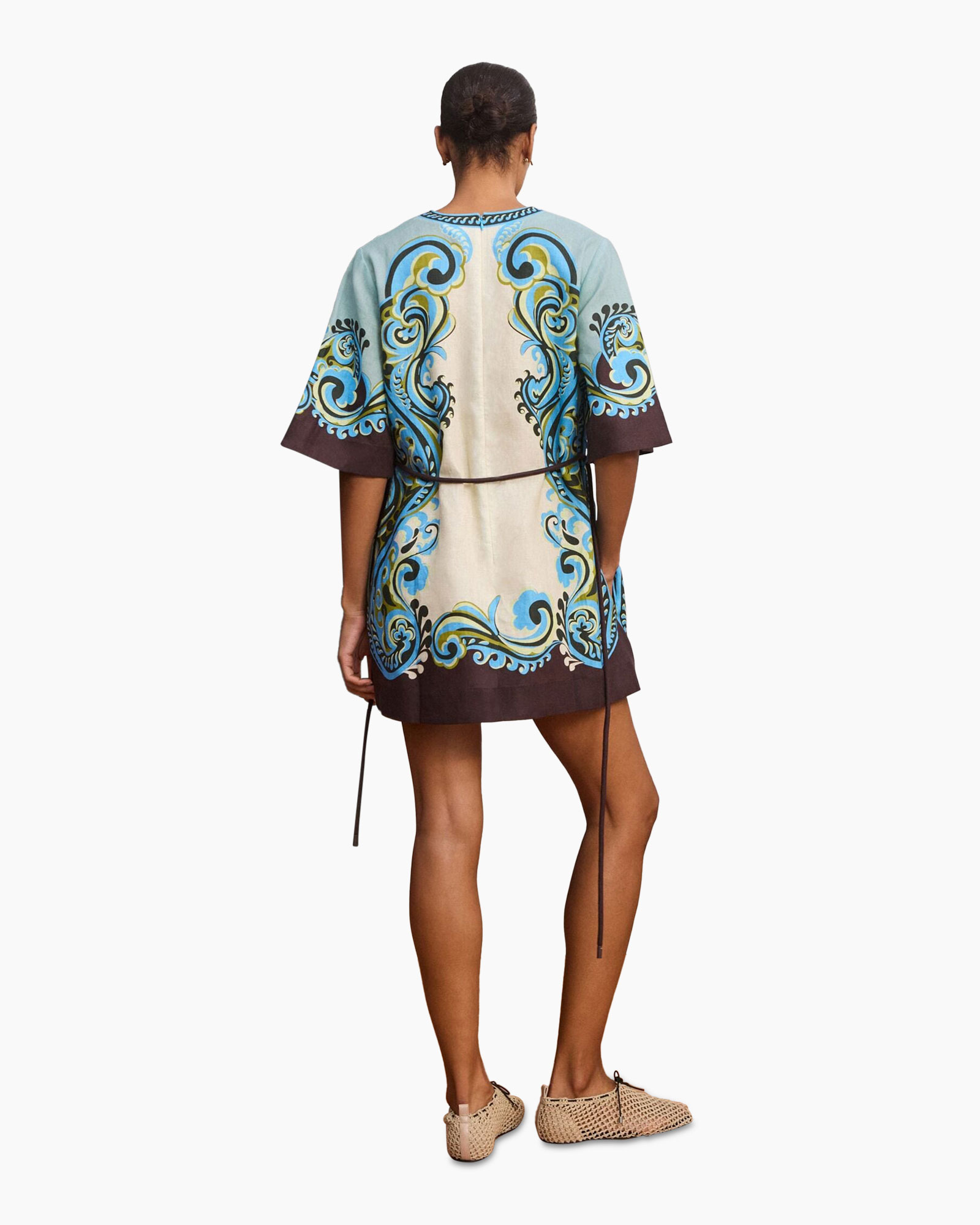 kaftan, jurk, print, silhouet, middenlengte