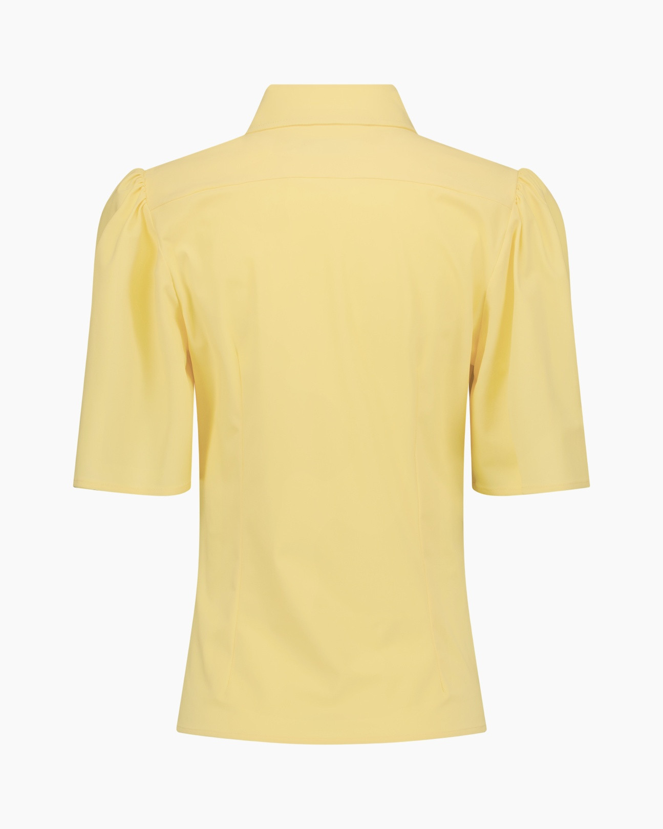 geel, blouse, korte mouw, kraag, achterkant
