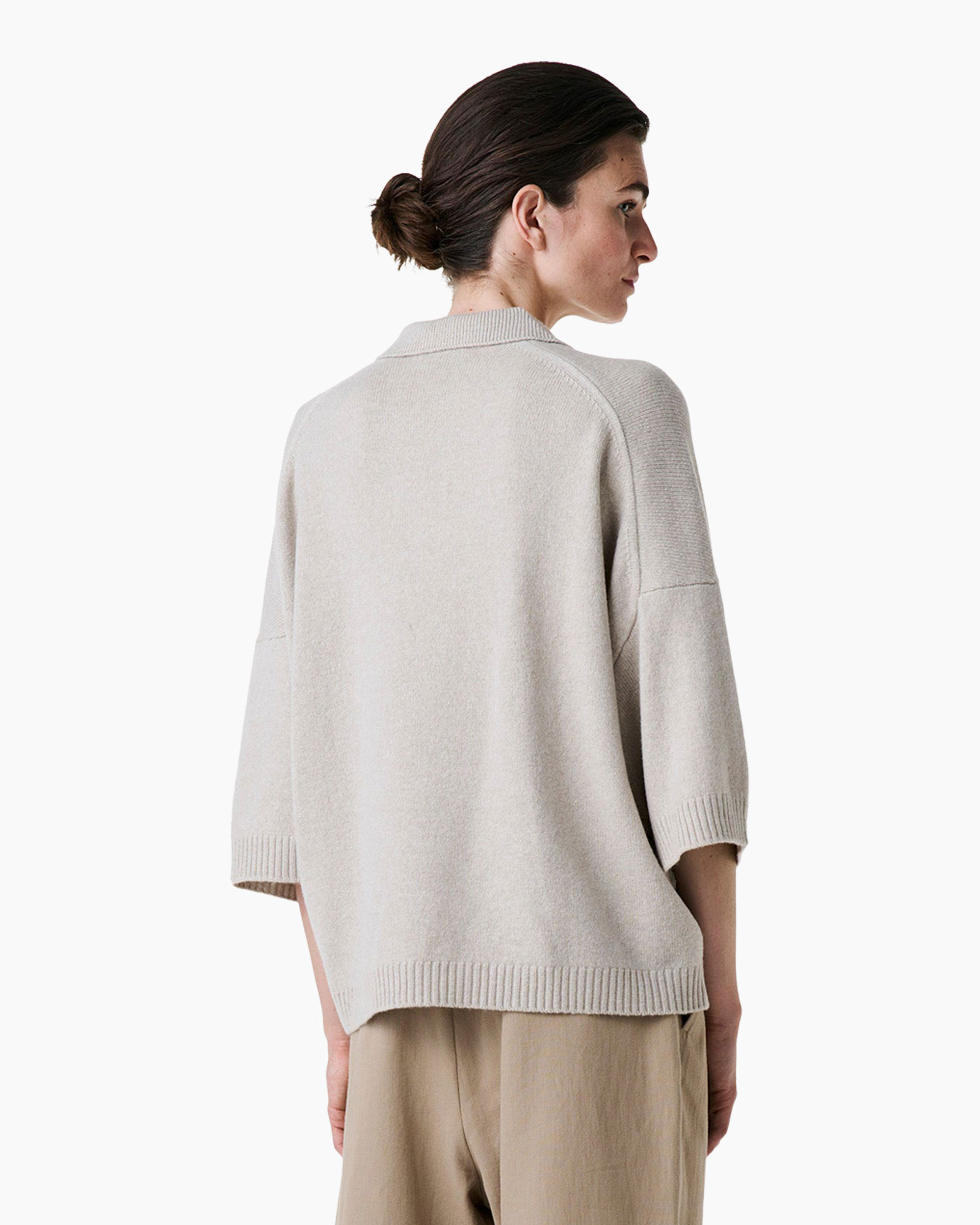 trui, gebreid, kraag, beige, broek