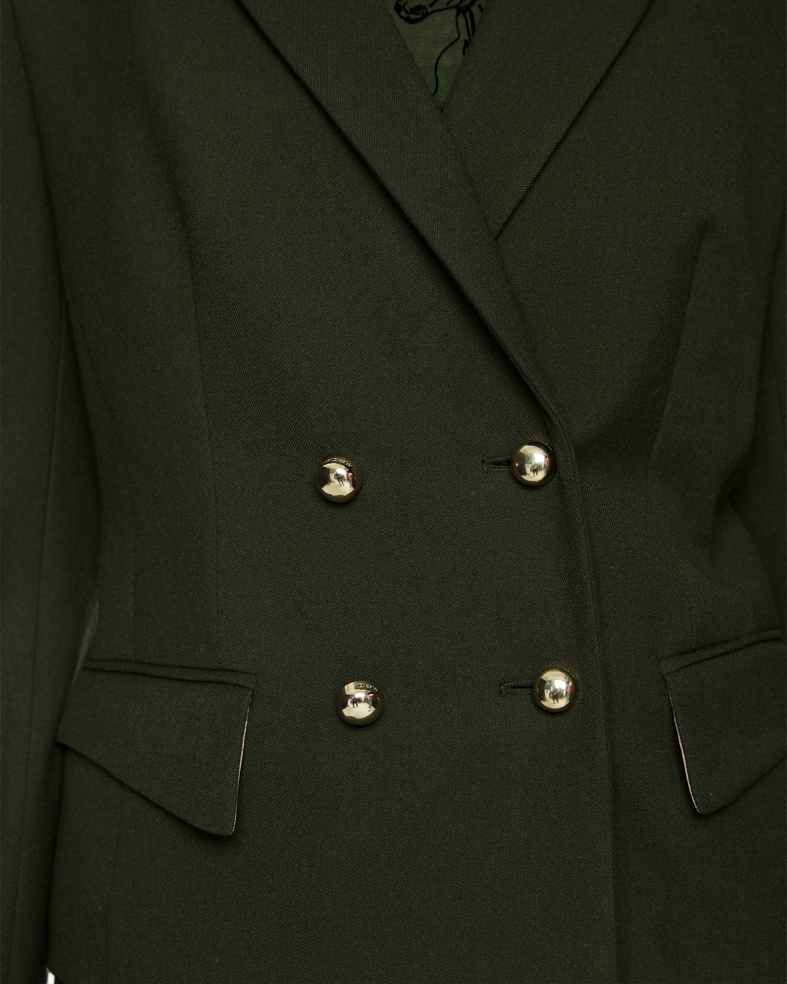 blazer, dubbelrij, metallic knopen, donkergroen, inkepingrevers