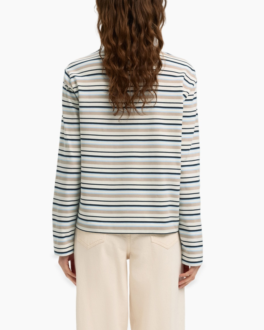 striped top, long sleeve, crew neck, knit, beige blue white