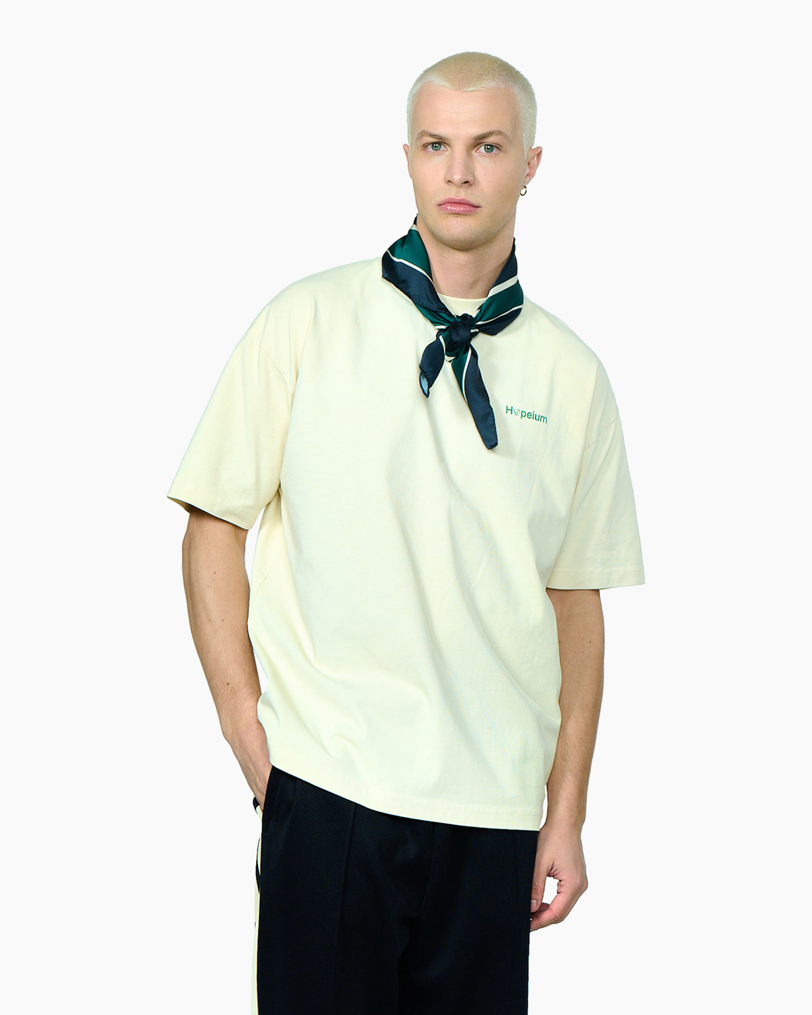 t-shirt, korte mouw, rond hals, bleke geel, sjaal accessoire