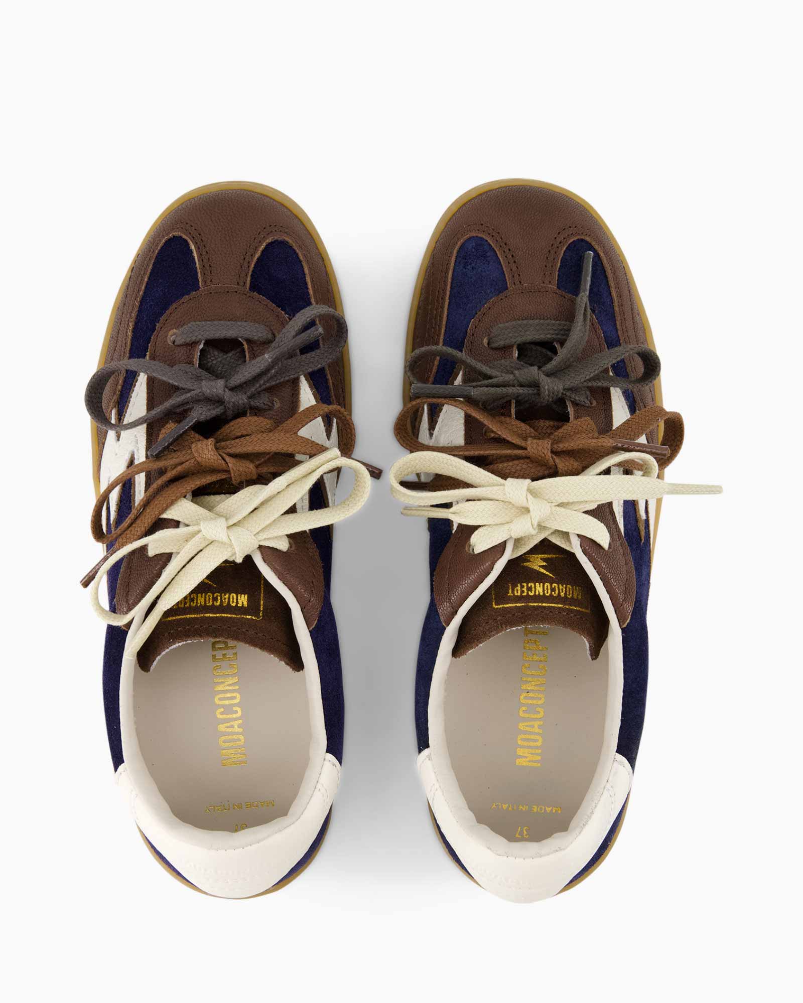 sneakers, bruin, blauw, veters, leer