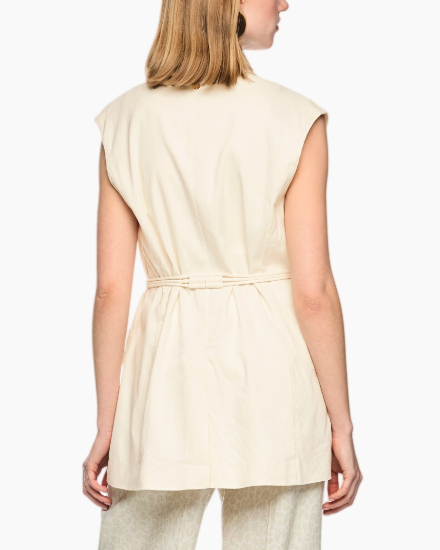 beige, vest, riem, zakken, mouwloos