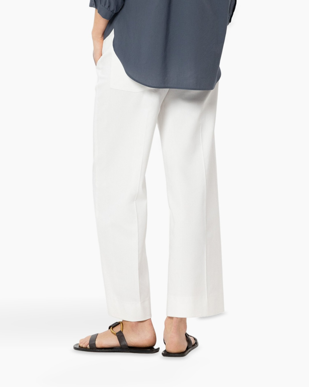 white pants, wide leg, cropped length?, sandals, navy top