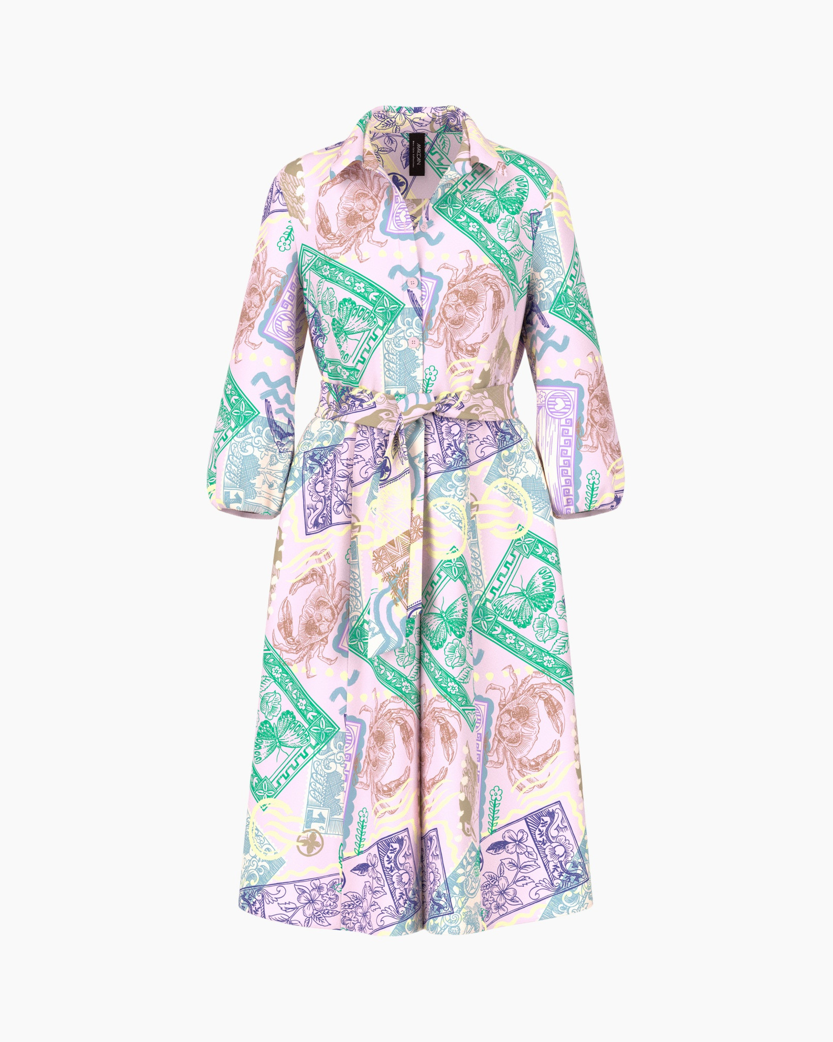 dress, full-length, patterned, collared, belted