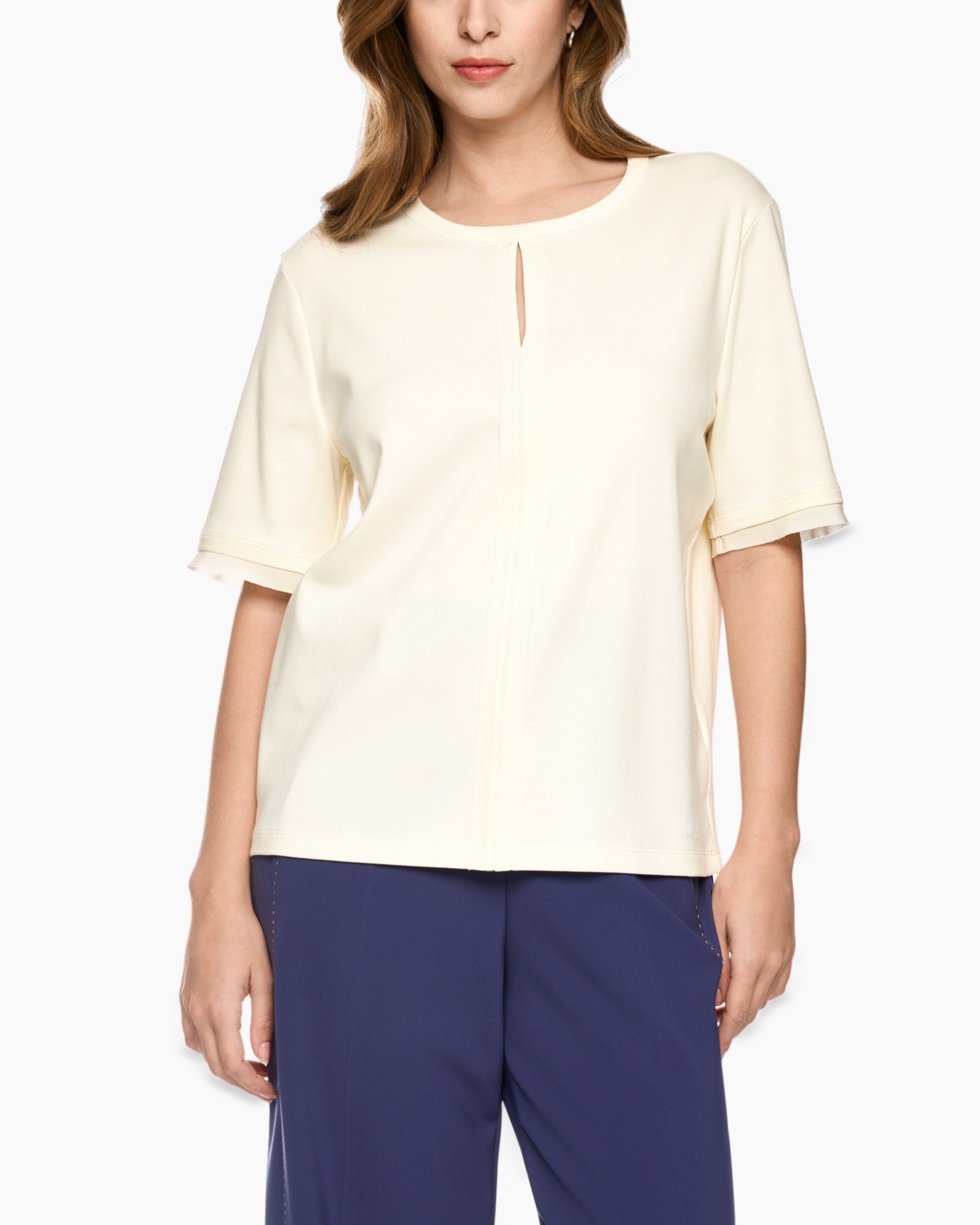 top, blouse, korte mouw, crepe, crème