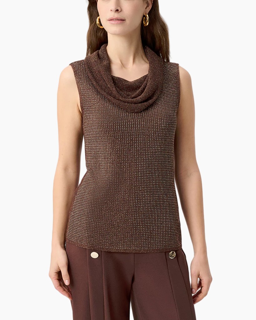 topje, bruin, textured brei, mouwloos, cowl hals