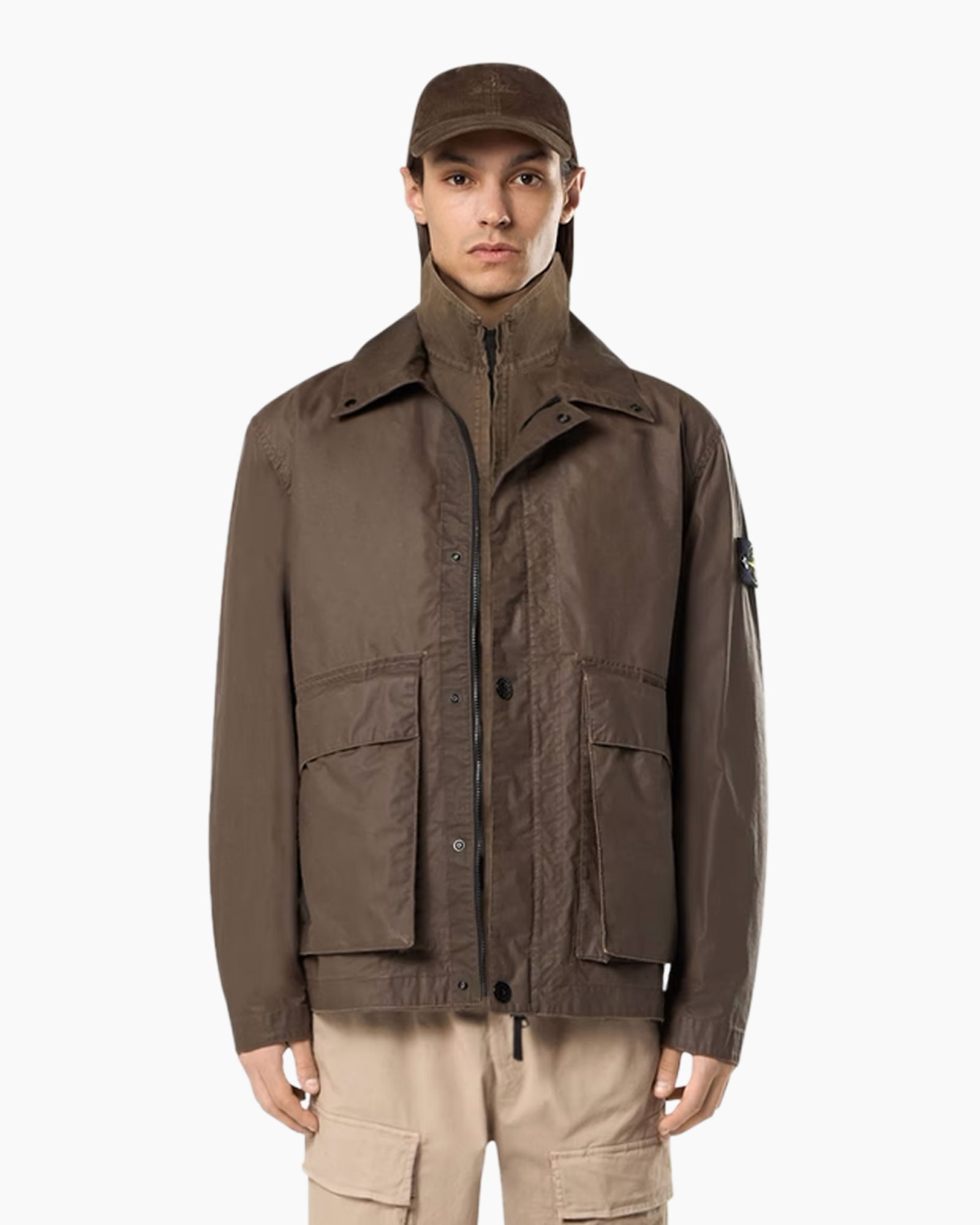 jas, windjack, bruin, zakken, pet