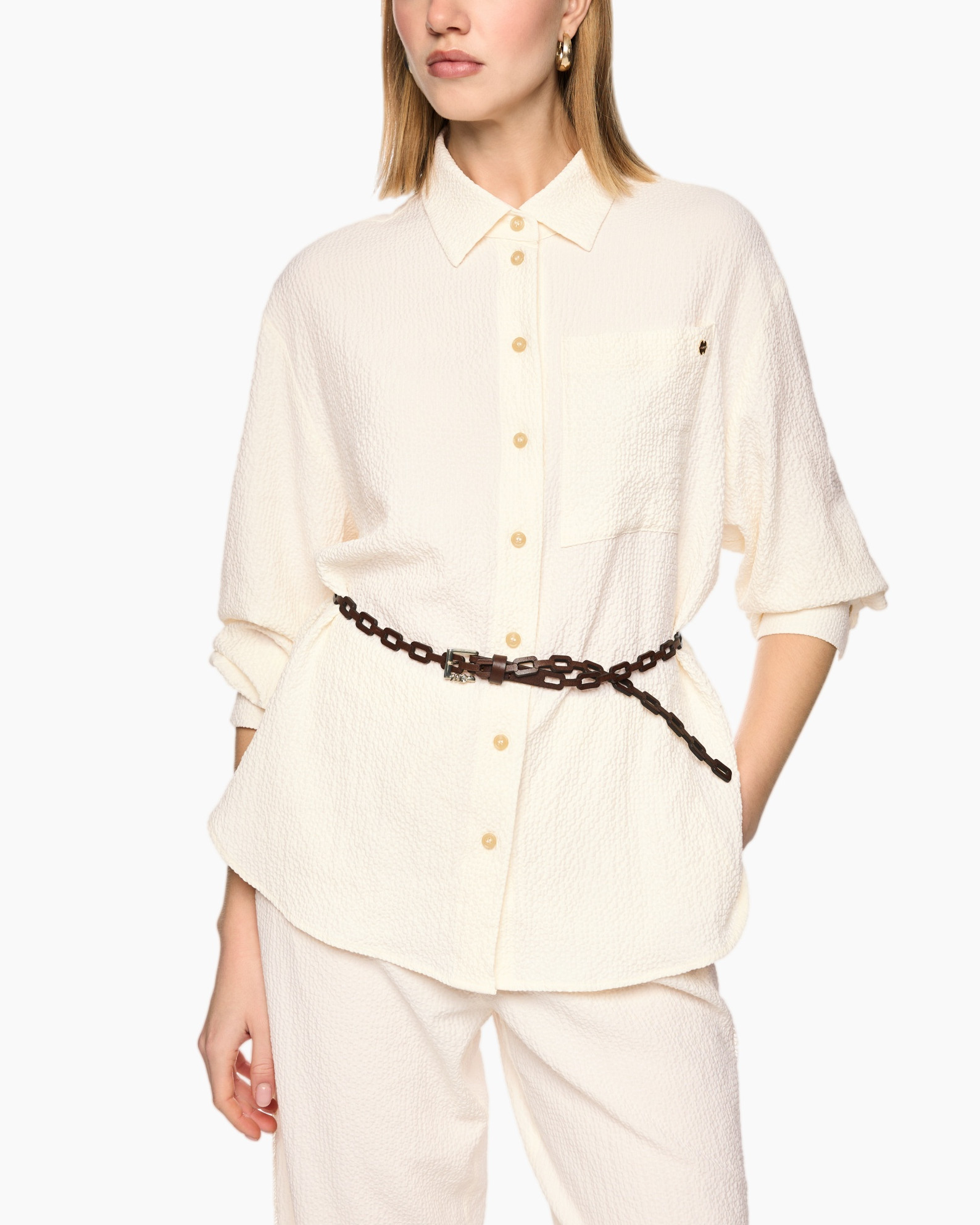 hemd, knopenrij, kraag, crème, gebreide textuur