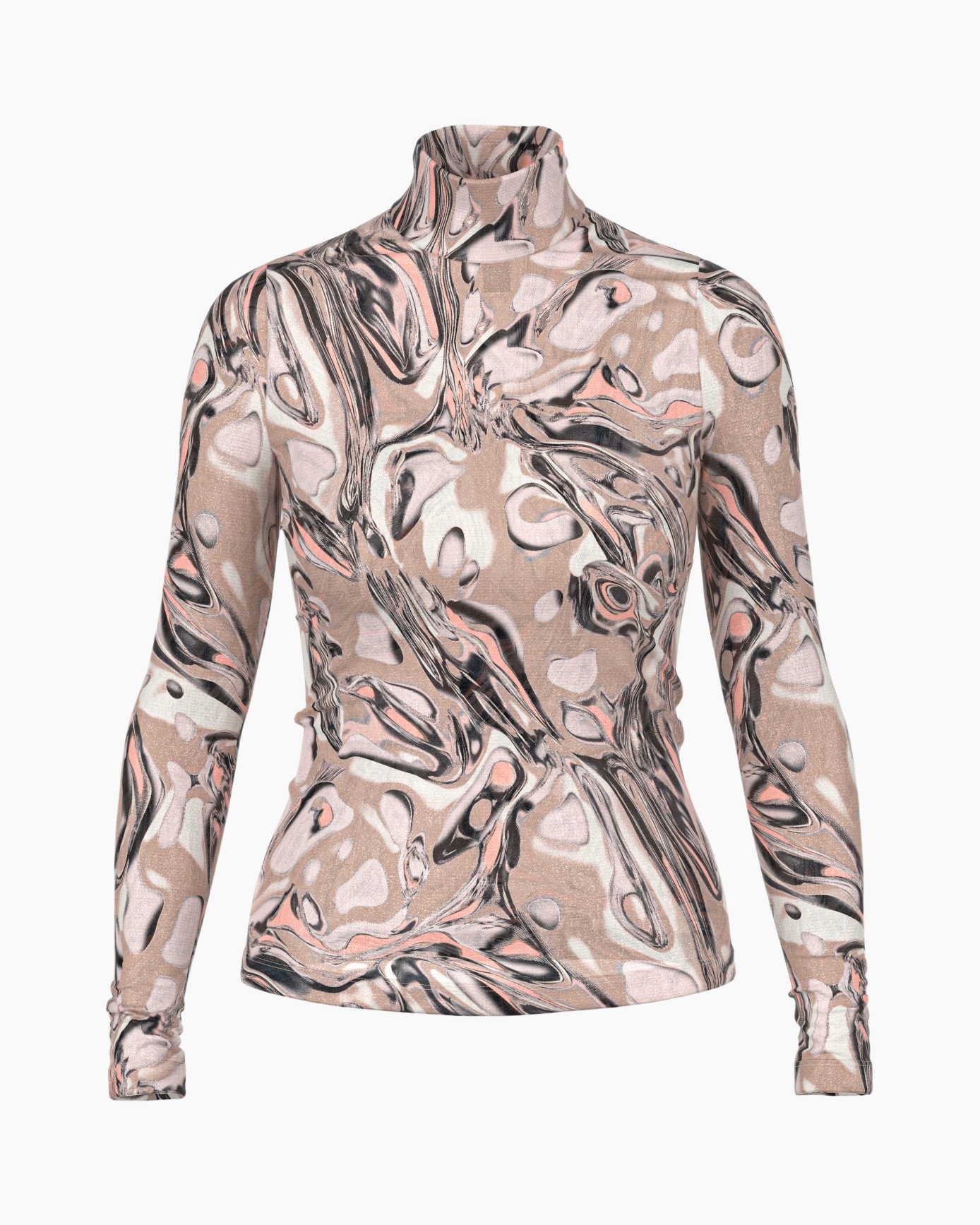 rolkraag, lange mouwen, abstract patroon, roze mauve, stretch breisel