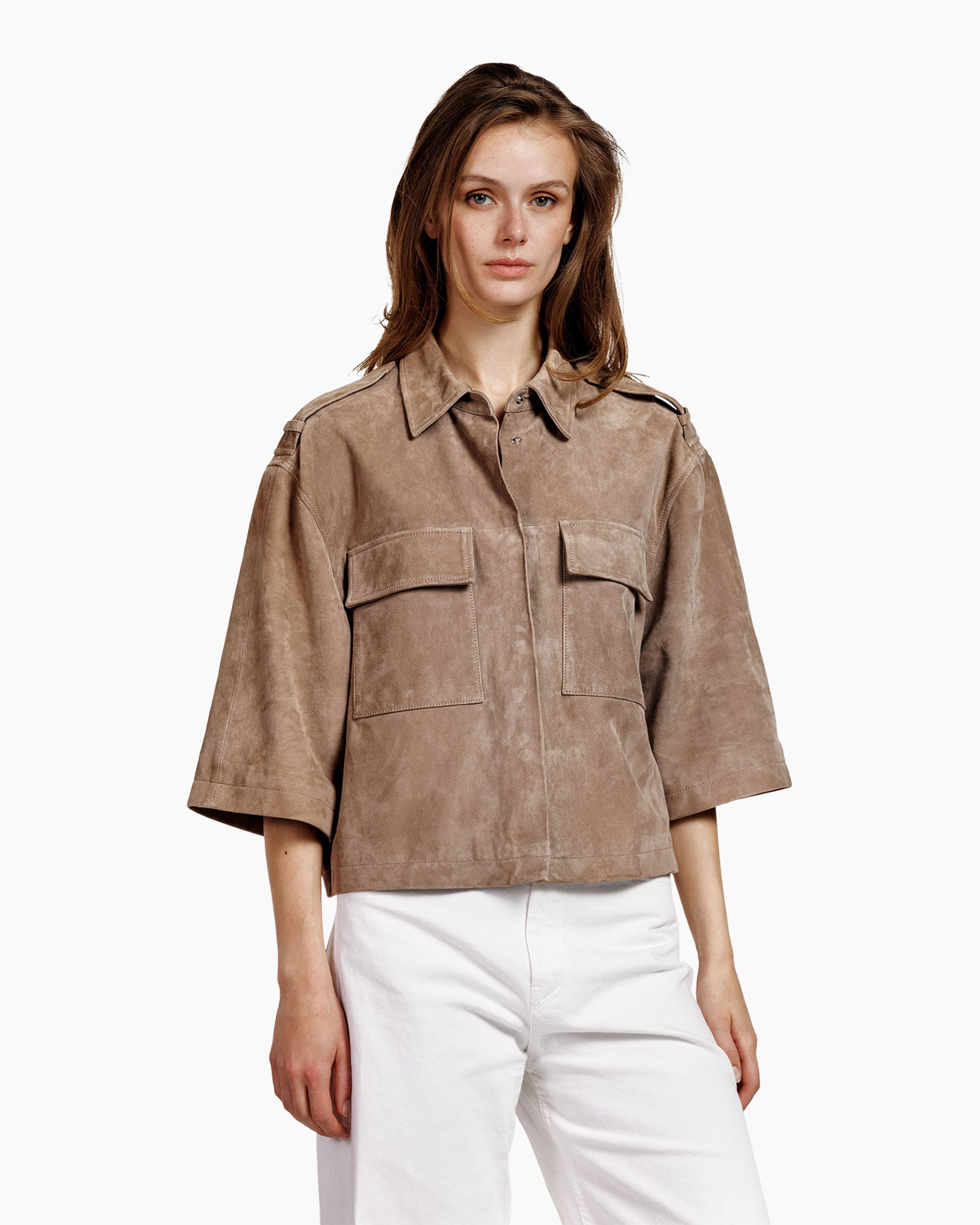 shirt, top, short-sleeve, pocketed, brown suede