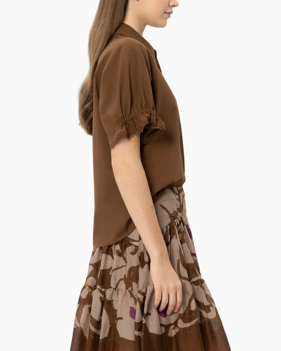 bruin bovenstuk, korte mouw, frille mouw, kraagblouse, effen kleur