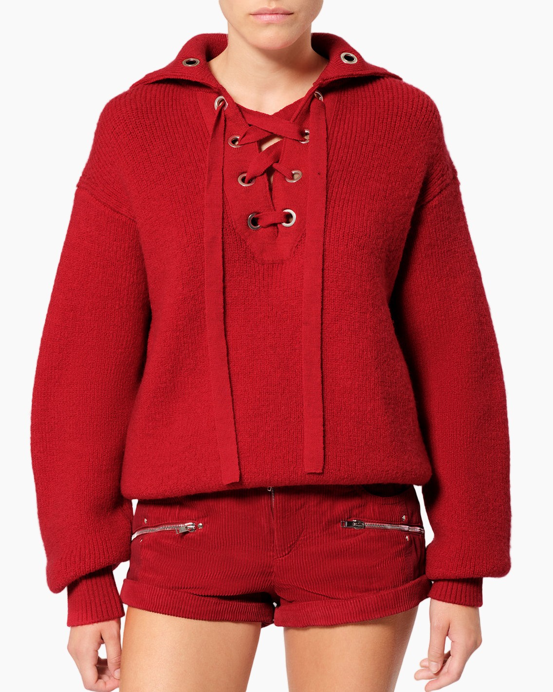hooded sweater, openinglacing, rode breisel?, lange mouwen, shorts met rits