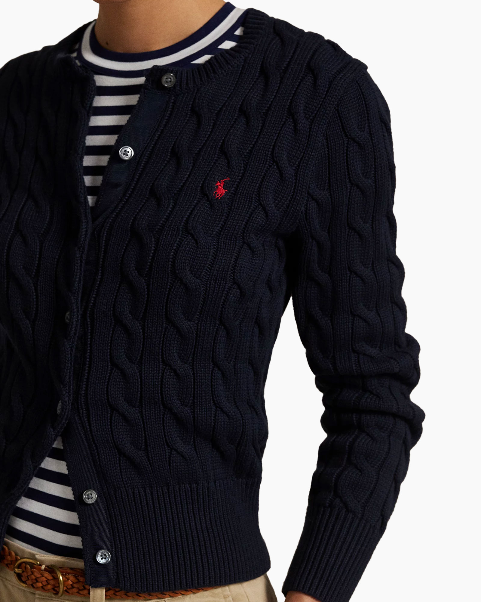navigij vest, kabelbrei, rode logo, knopsluit vest, geribbelde zoom