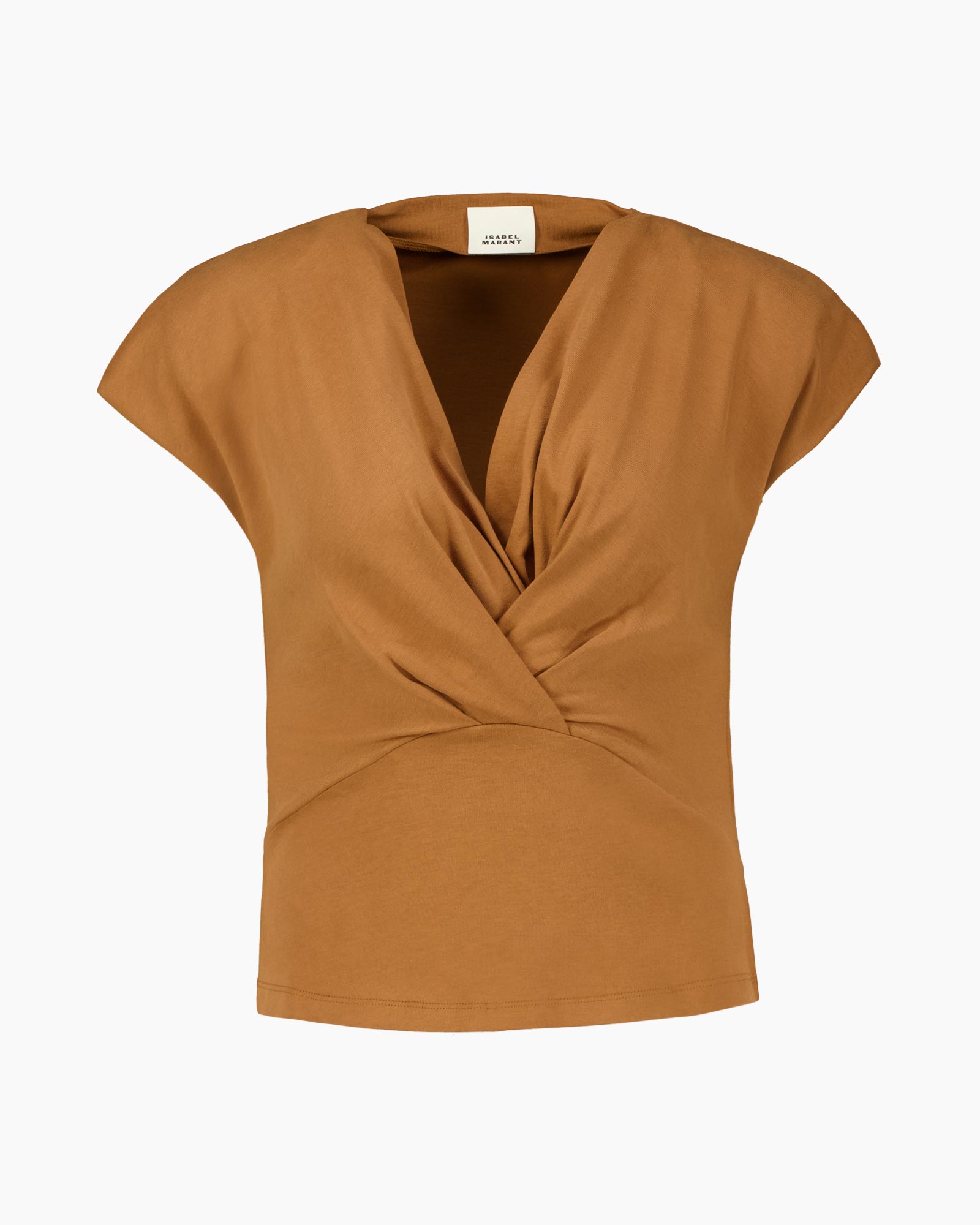 top, blouse, knoop, mouwloos, camel