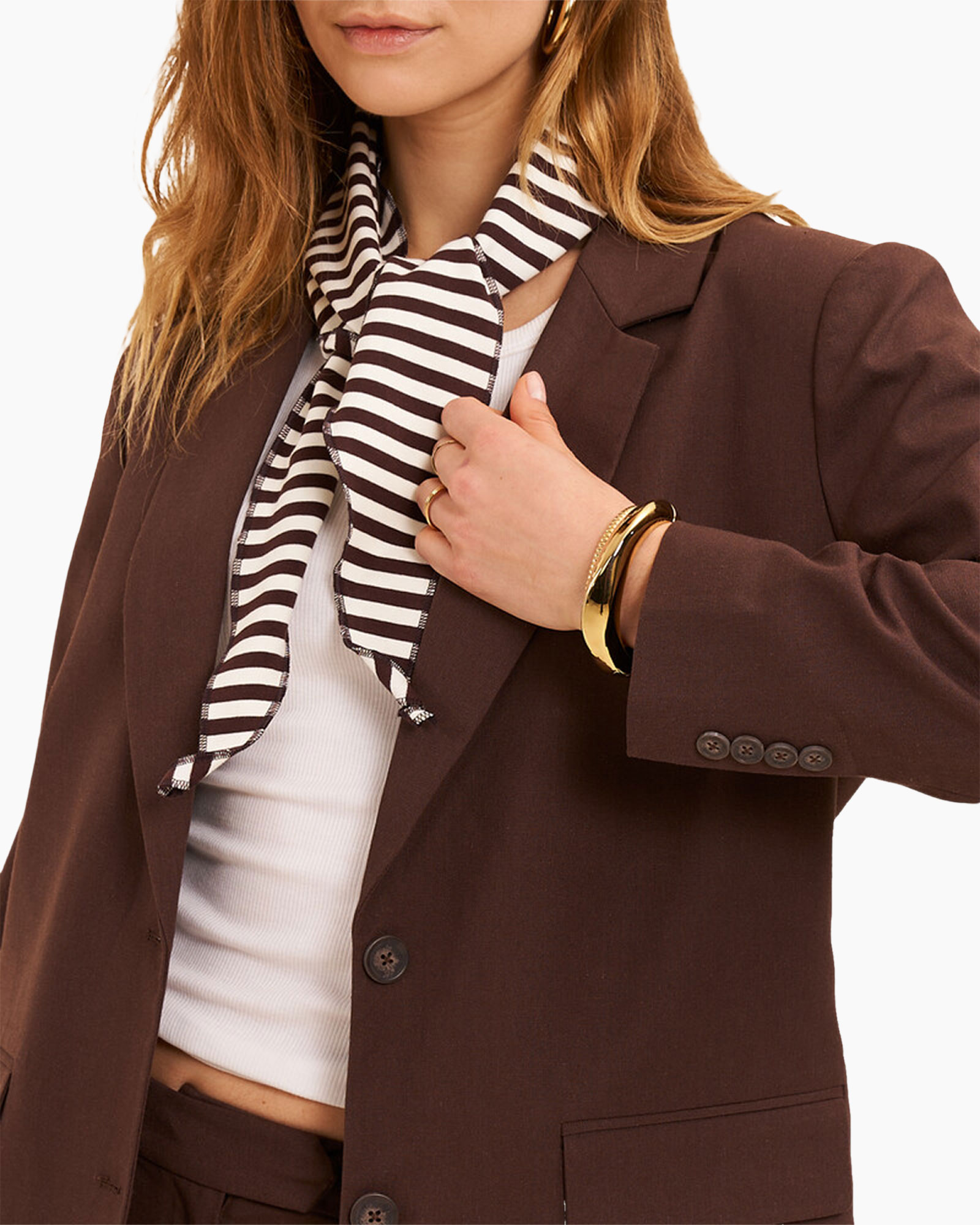 blazer, brown, striped-scarf, jewelry, white-top