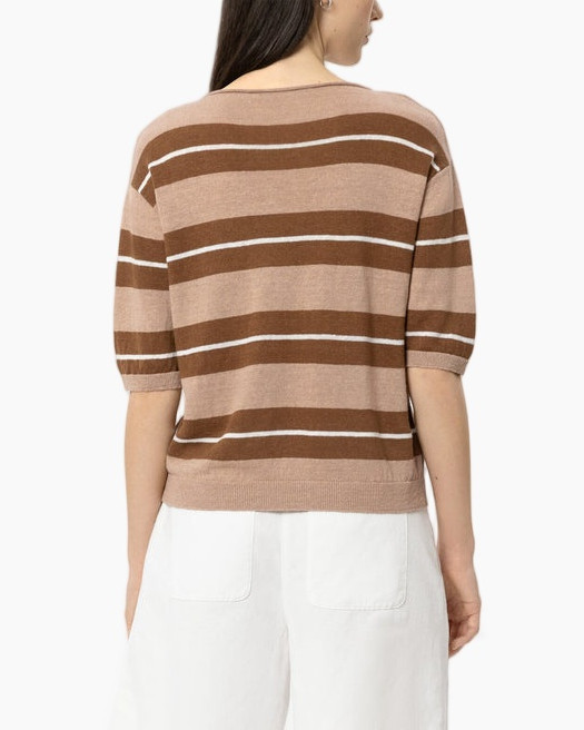 top gestreept, bruine strepen, korte mouw, rond hals, breistriktrui