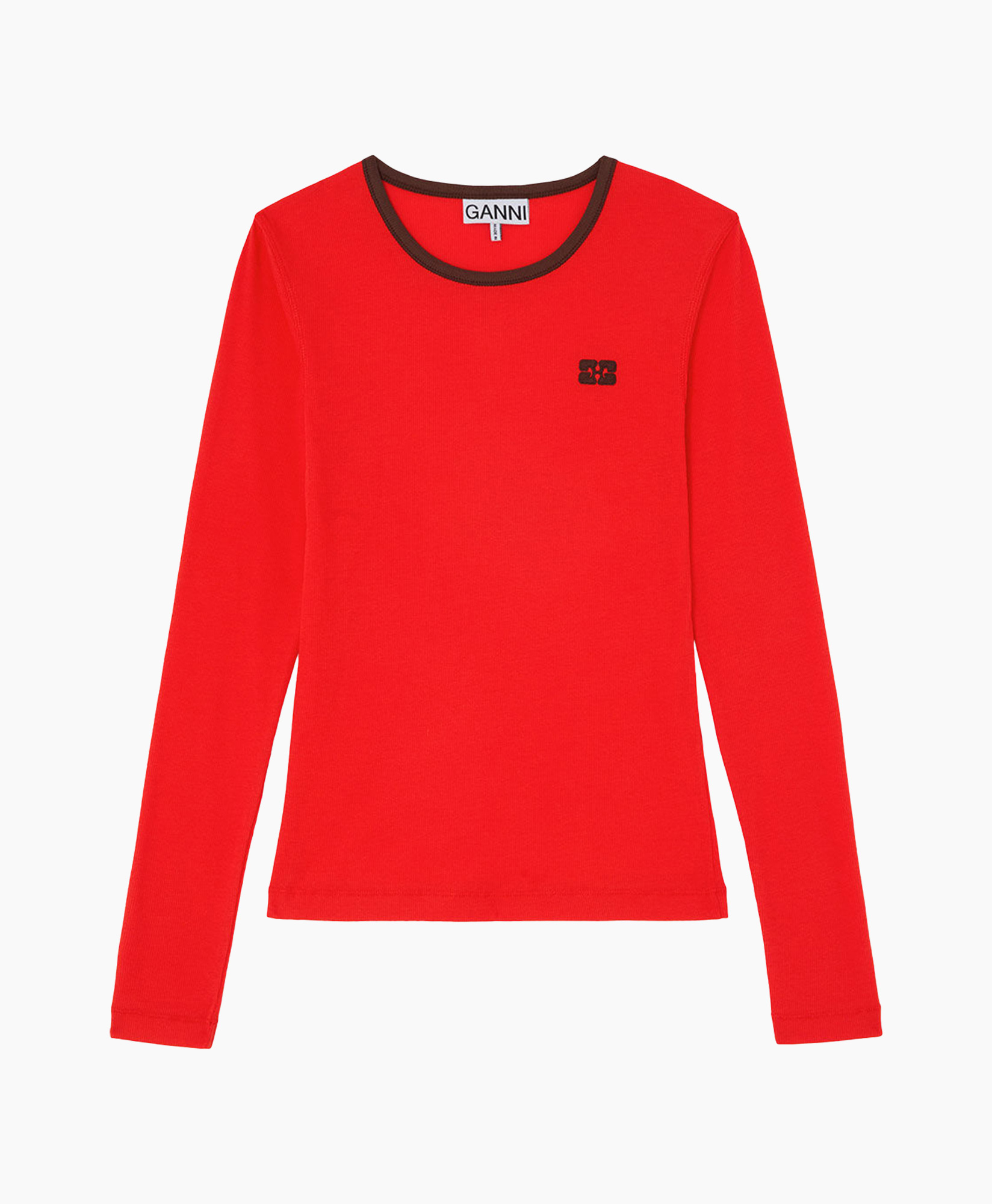 long sleeve, red top, crew neck, contrast trim, logo emblem