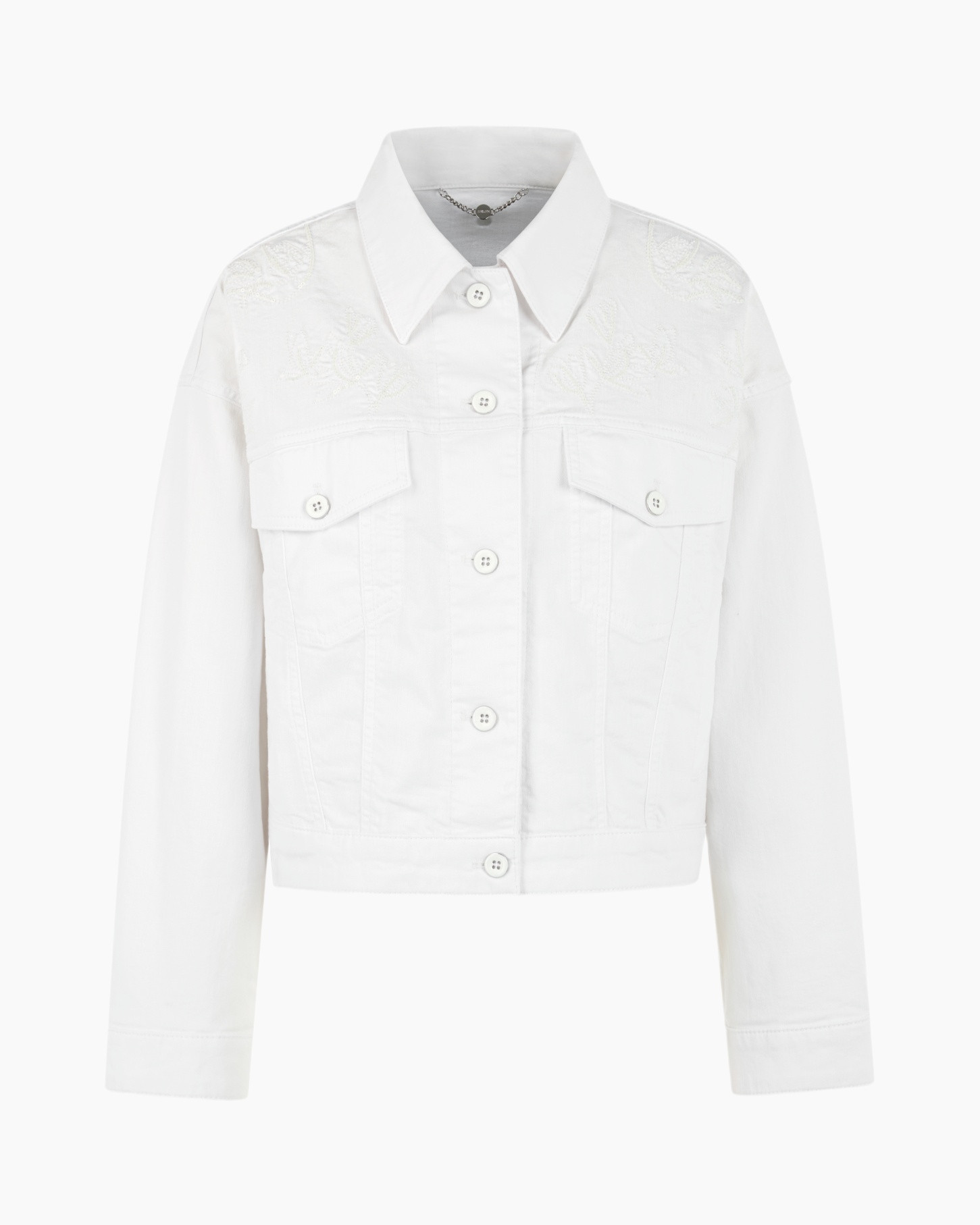 white, denim, jacket, embroidery, lapel