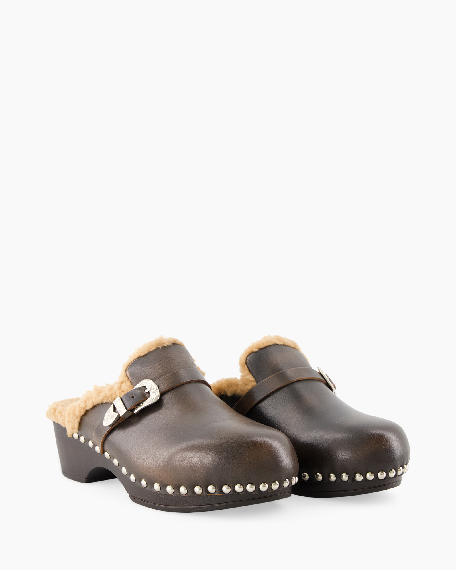 klompen, leer, mule, vachtbekleding, nieten
