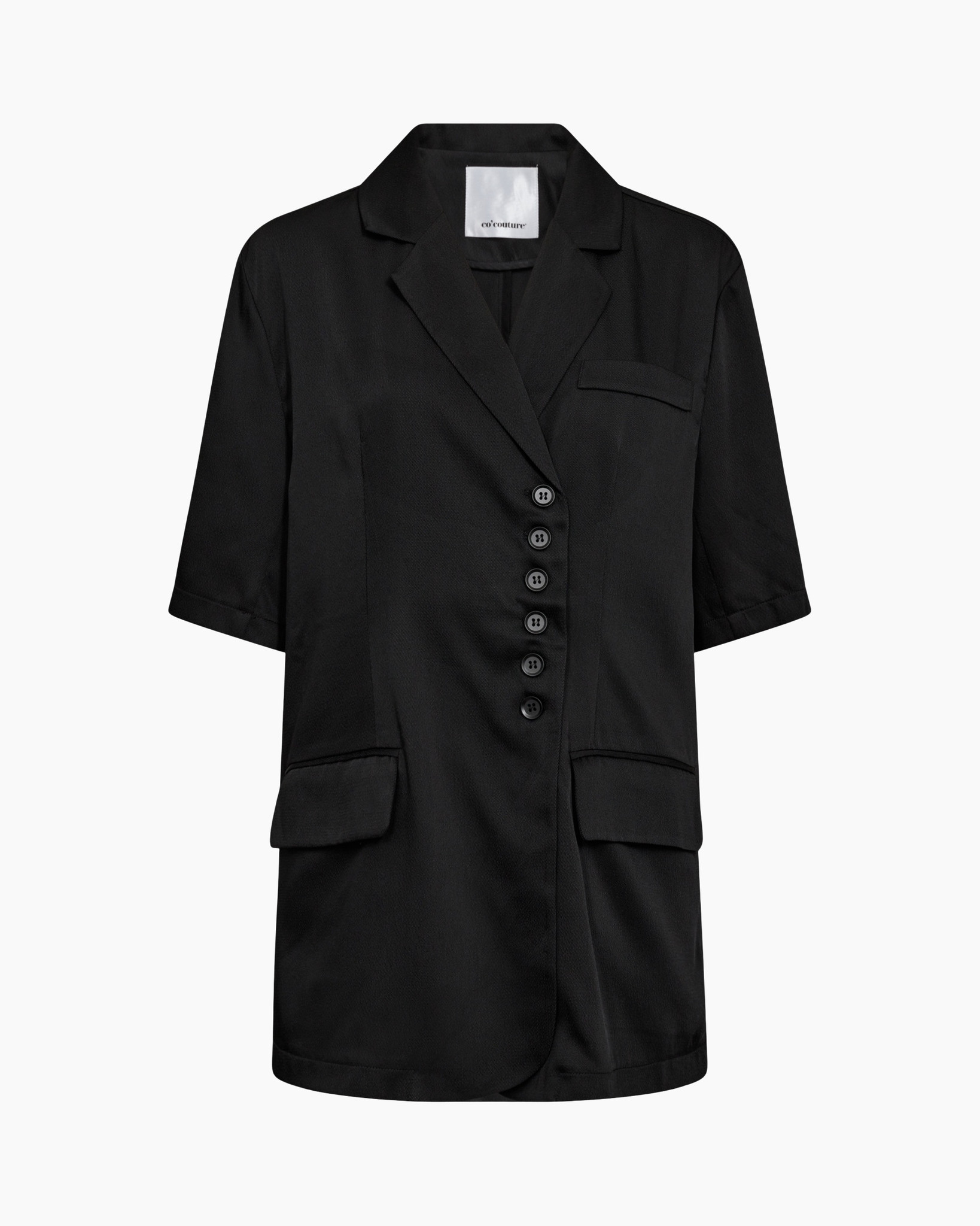 blazer, zwart, korte mouwen, knopen voor, zakken