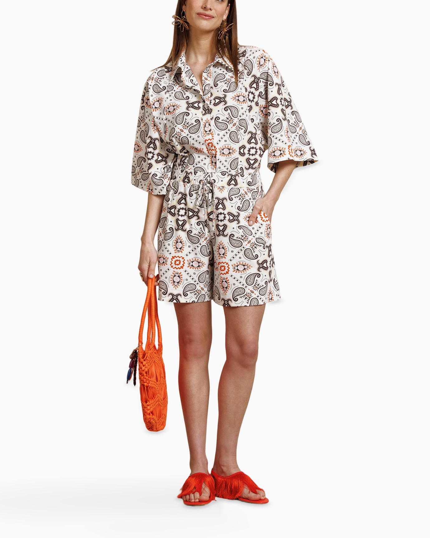 romper, paisley, shorts, mouwen tot 3/4, trekkoord, patroon, romper/ jumpsuit, casual, oranje accessoire, sandalen