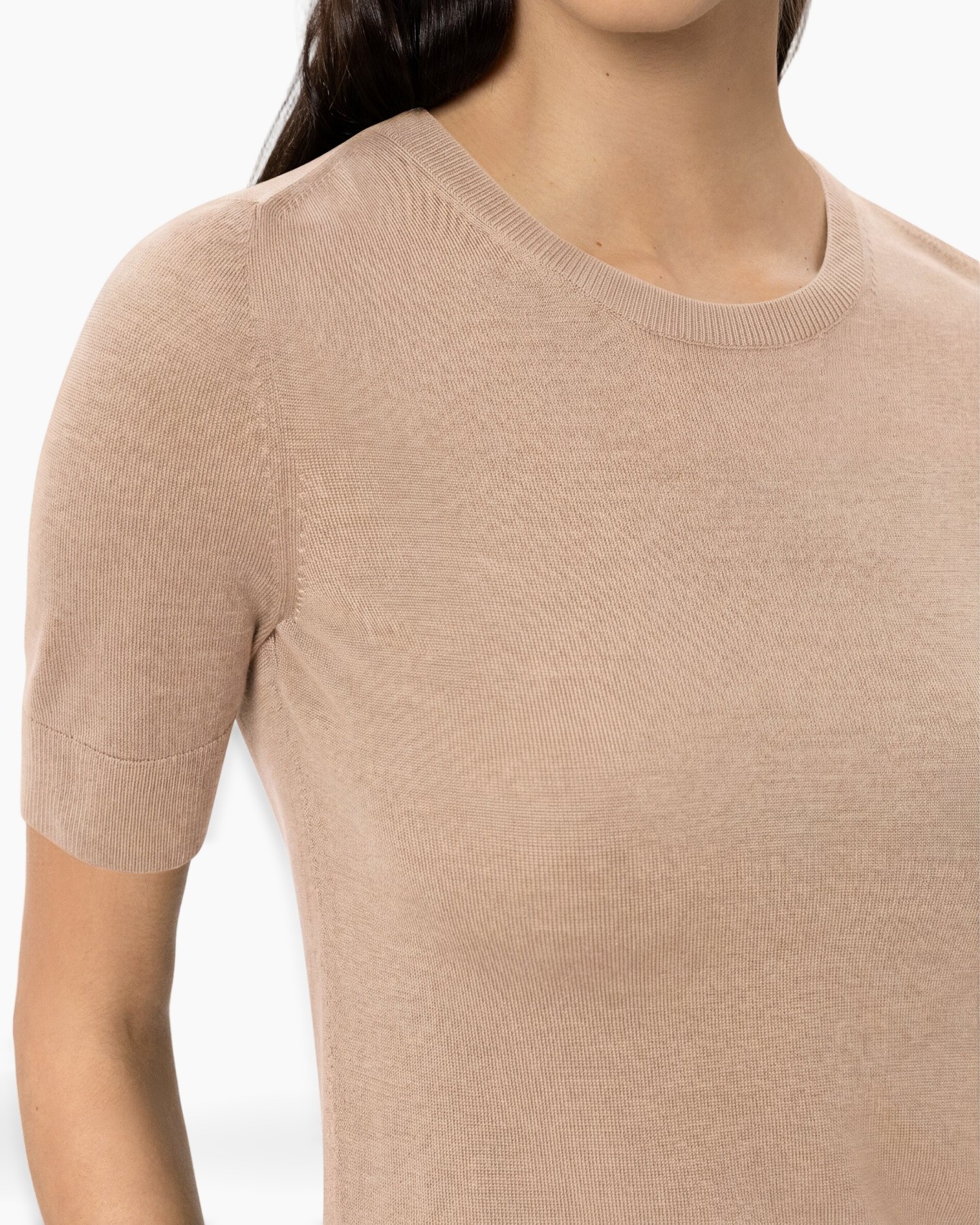 brei, t-shirt, beige, korte-mouw, ronde-nek