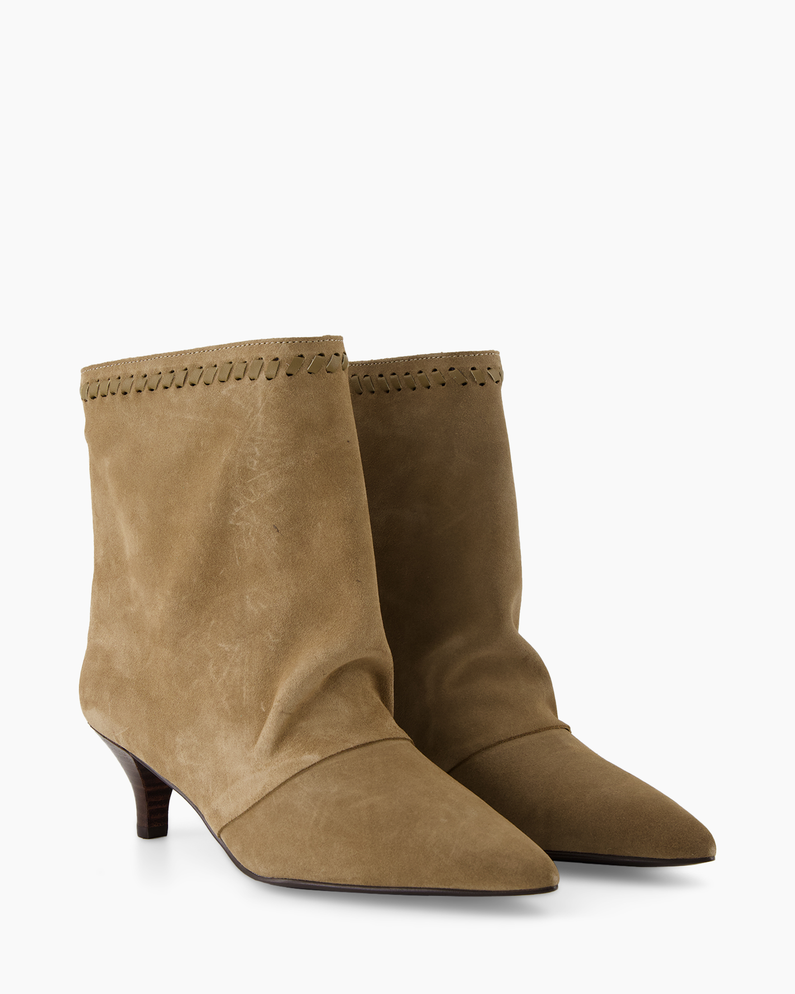 enkellaarsjes, suède, beige, stiksels, middelhoge hak