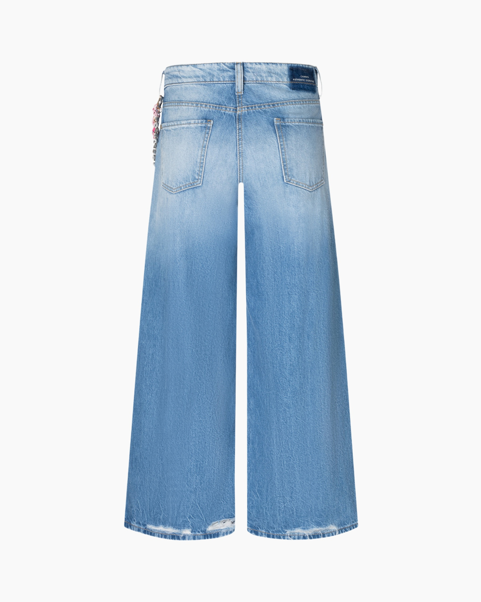 wide-leg, denim, jeans, back pockets, distressed hem