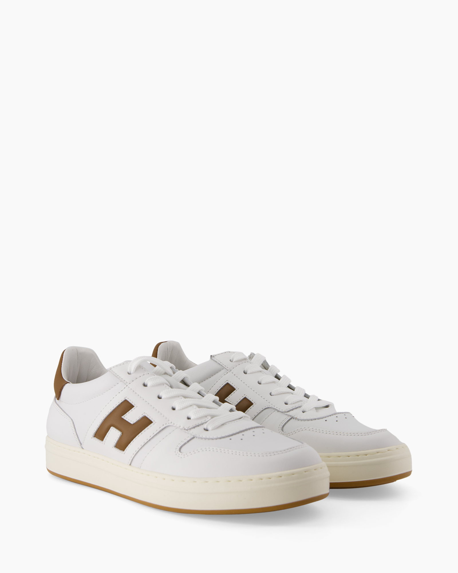 sneakers, wit, laag-top, veters, bruine accenten