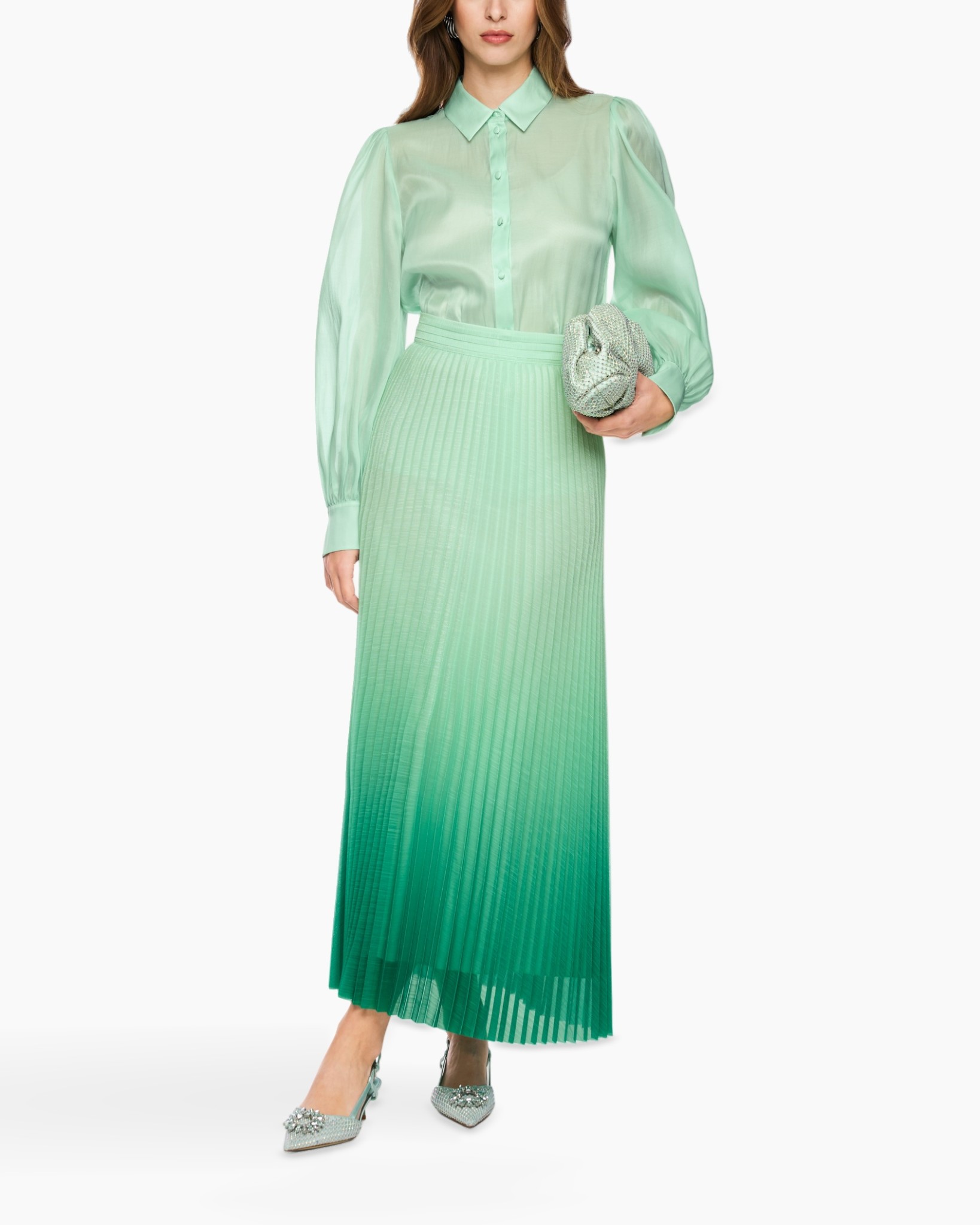 jurk, blouse, gradient, plissé, groen