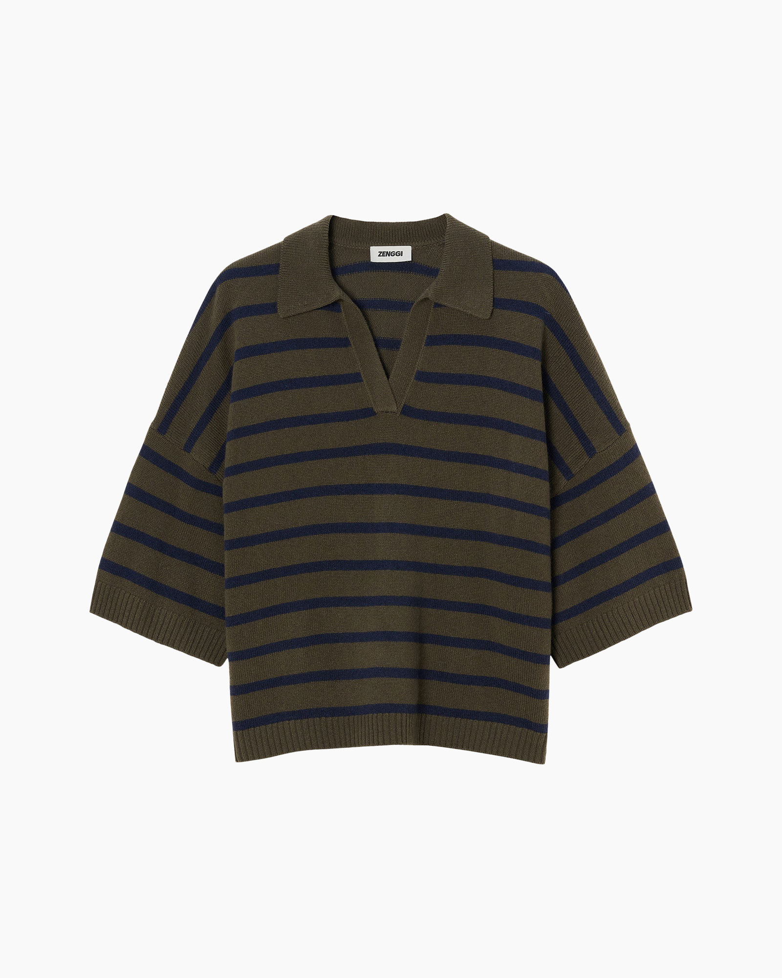 gestreepte trui, polo kraag, brei top, olijfgroen, marineblauwe strepen