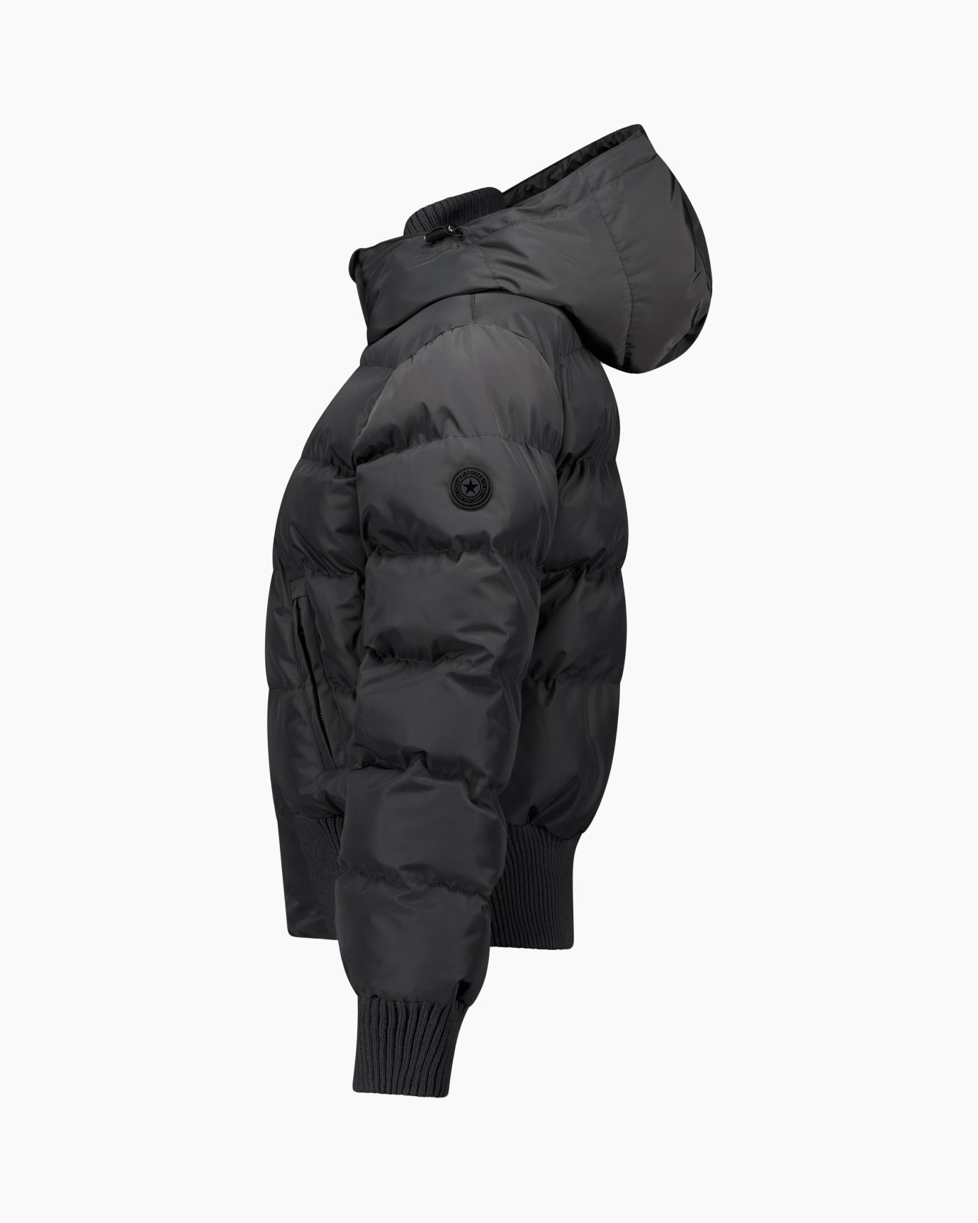 donsjas (puffer), kap/hooded, zwart, donzen vulling, geribbelde manchetten